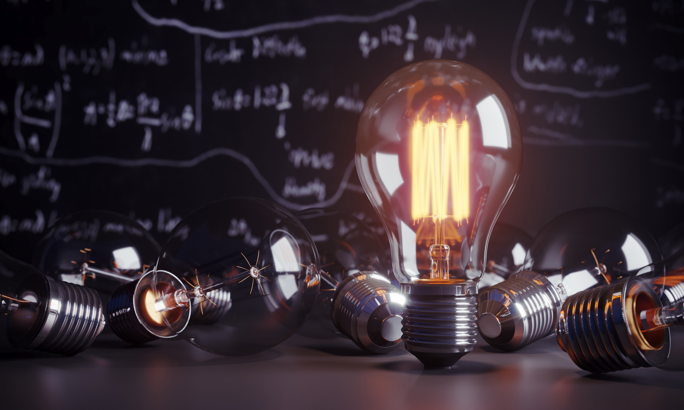 Glowing light bulb between the other fallen light bulbs, symbolizing big ideas, innovation concepts. (3d render)