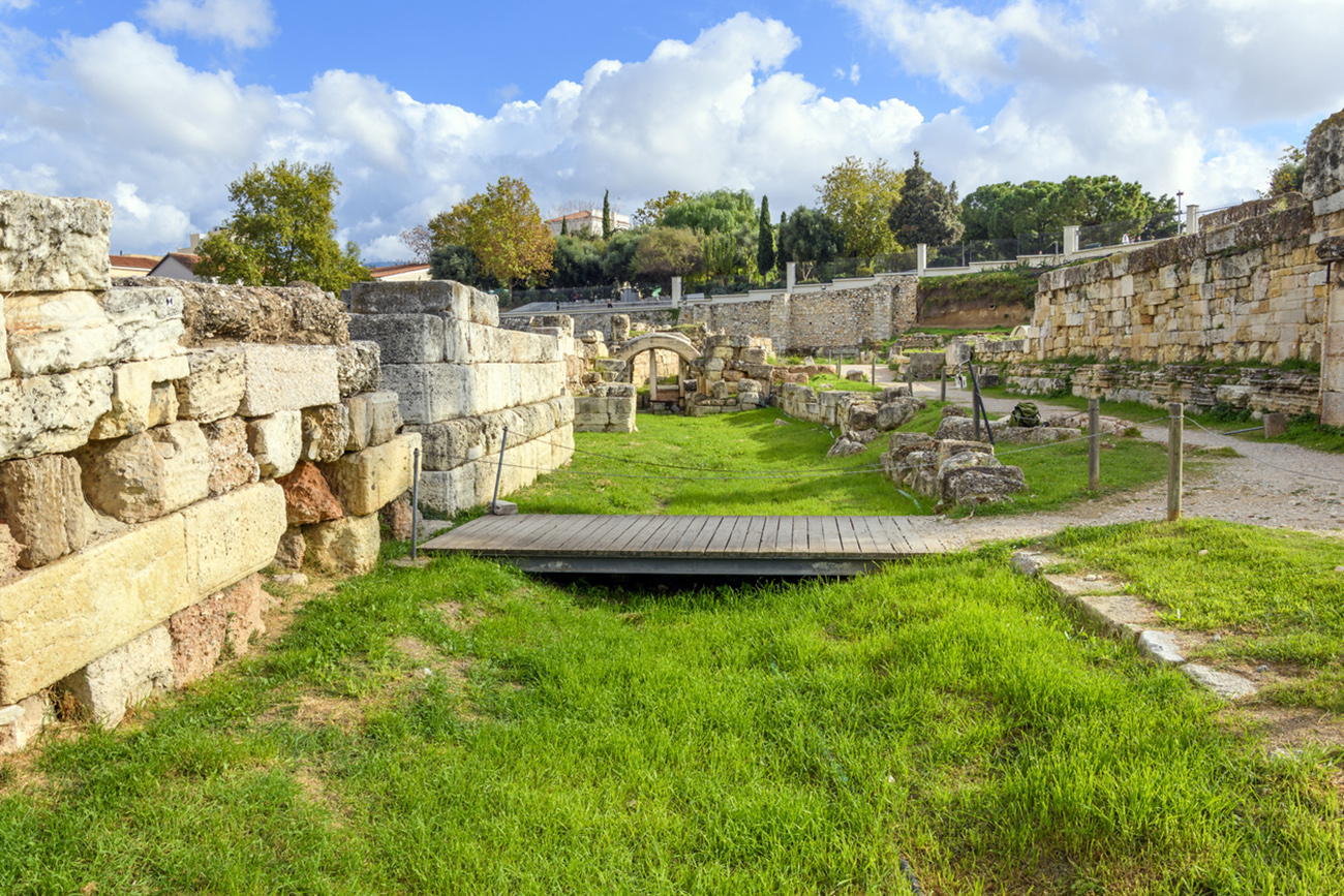 Remains of the ancient Eridanus River that flowed from a source in the foothills of the Lykabettos, through the Agora of ancient Athens in Greece to the archaeological site of the Kerameikos cemetery.
