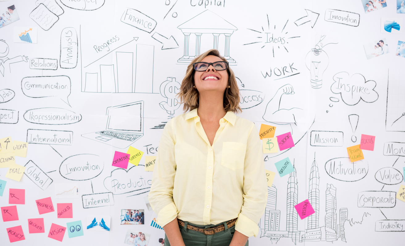 Creative business woman thinking and brainstorming with a wall chart at the background
