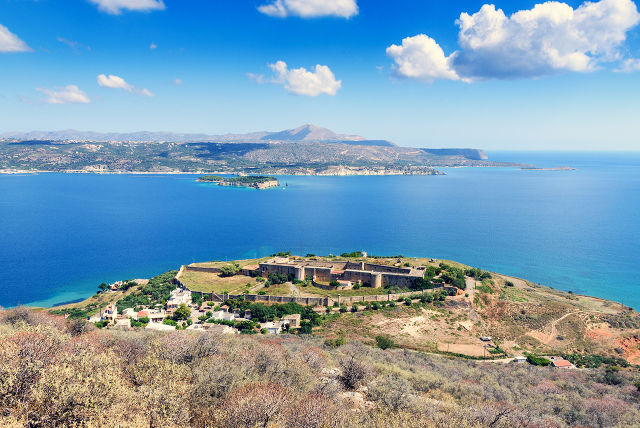 View on sea bay and old venitian fortress in Aptera on Crete island, Grecee