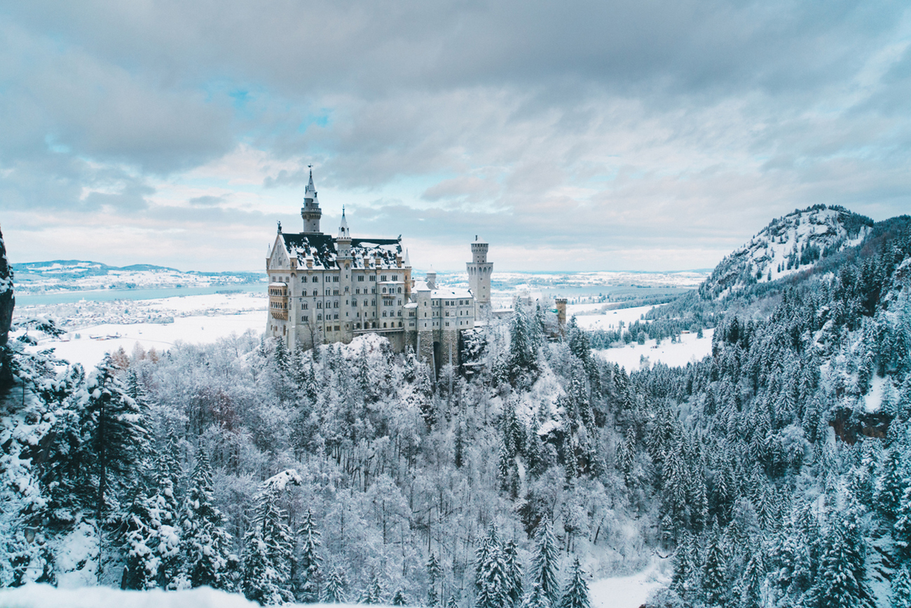 Scenic view of  Neuschwanstein castle in Germany   in winter  Schwangau, Germany - November 29, 2017