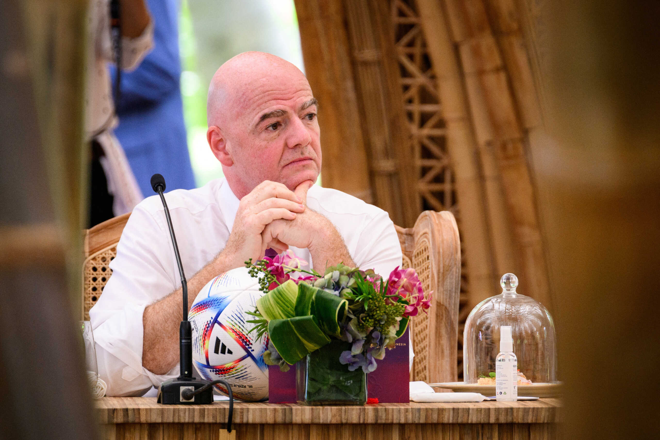 NUSA DUA, INDONESIA - NOVEMBER 15: FIFA President Gianni Infantino waits ahead of a working lunch at the G20 Summit on November 15, 2022 in Nusa Dua, Indonesia. The new British Prime Minister aims to articulate his foreign policy vision here while grappling with economic instability at home. Leon Neal