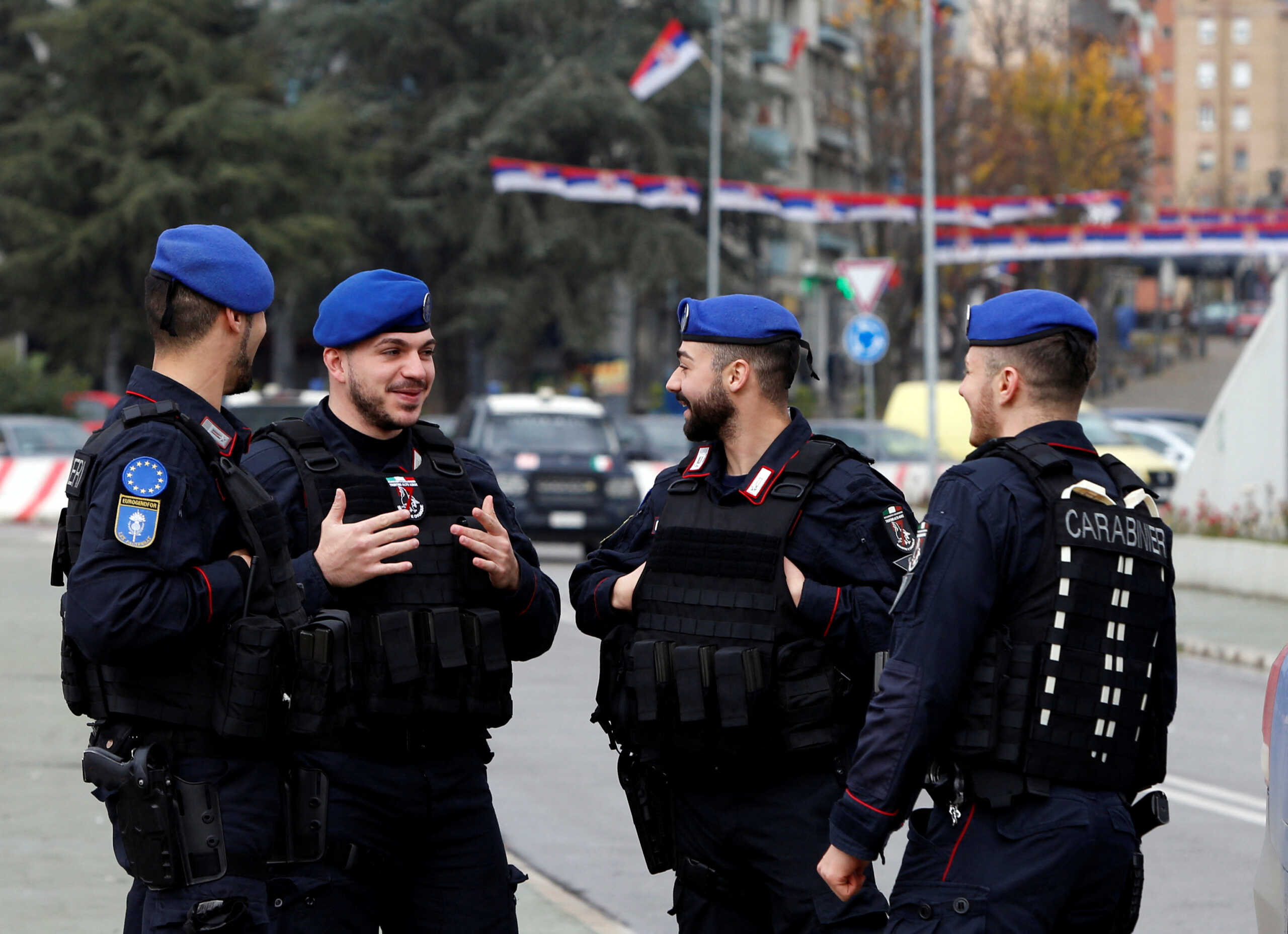 Italian carabinieri patrol the bridge which connects south and north Mitrovica in North Mitrovica, Kosovo, December 9, 2022. REUTERS