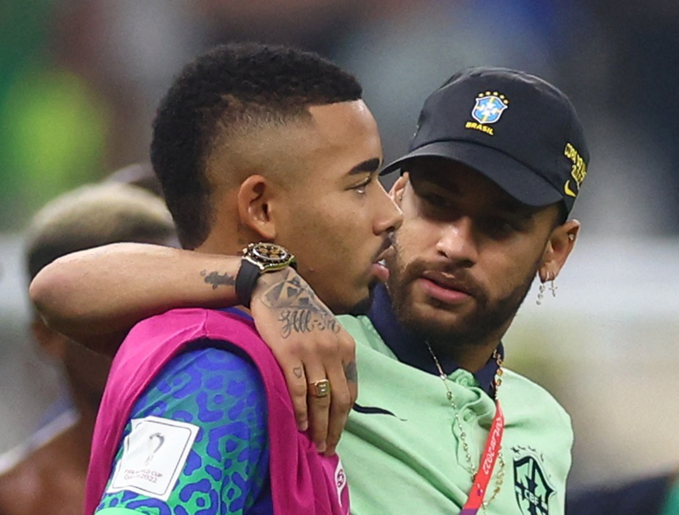 Soccer Football - FIFA World Cup Qatar 2022 - Group G - Cameroon v Brazil - Lusail Stadium, Lusail, Qatar - December 2, 2022 Brazil's Gabriel Jesus and Neymar after the match REUTERS