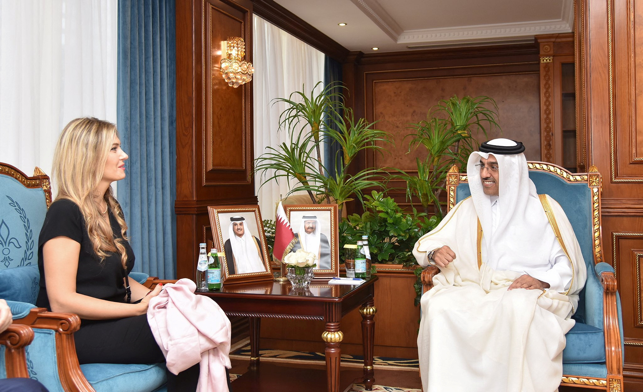 Ali bin Samikh Al Marri, Qatar's minister of labour, speaks with Greece's Eva Kaili, vice president of the European Parliament, during a meeting in Qatar, October 31, 2022 in this social media handout image. Twitter