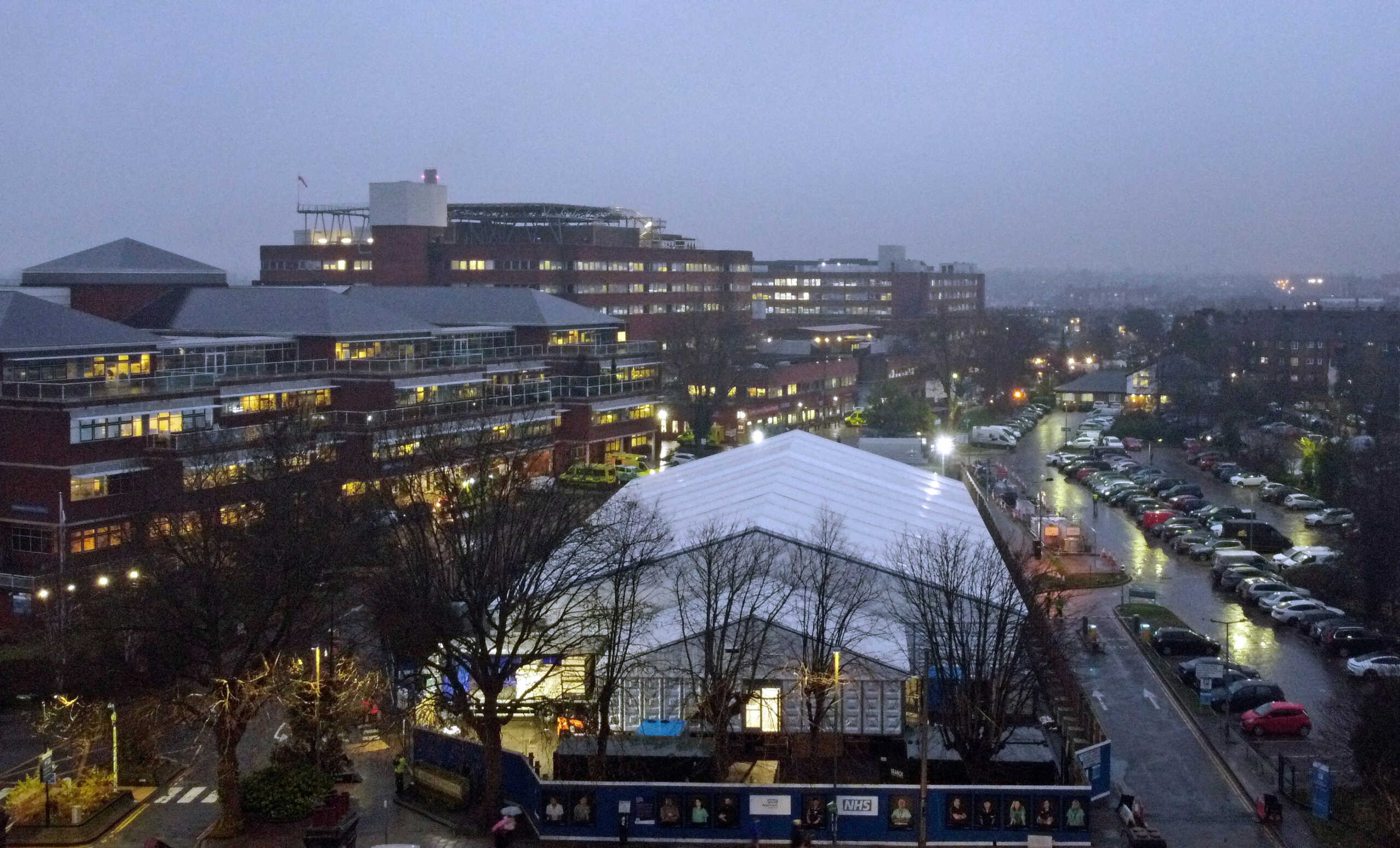 FILE PHOTO: View of the site of a temporary field hospital in the grounds of St. George's Hospital, amid the spread of the coronavirus disease (COVID-19) pandemic in London, Britain, January 11, 2022. Picture taken with a drone. REUTERS