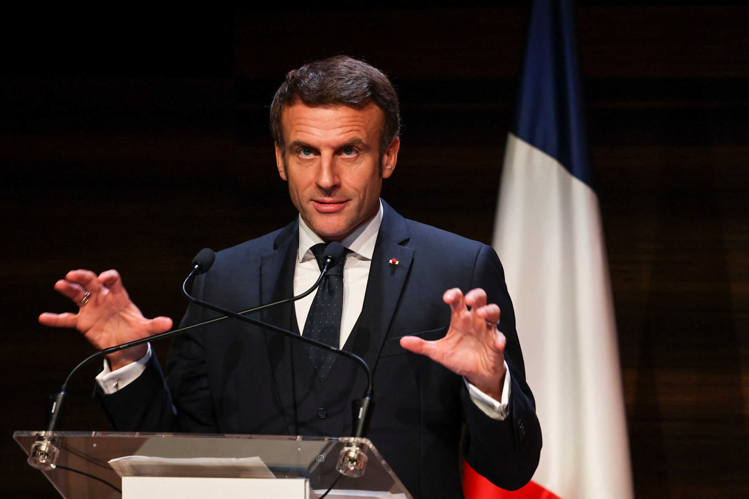 French President Emmanuel Macron attends a news conference at the end of the Green Hydrogen Corridor Summit Barcelona-Marseille (H2MED), an annex event to the IX Euro-Mediterranean Summit (EU-MED9), in Alicante, Spain, December 9, 2022. REUTERS