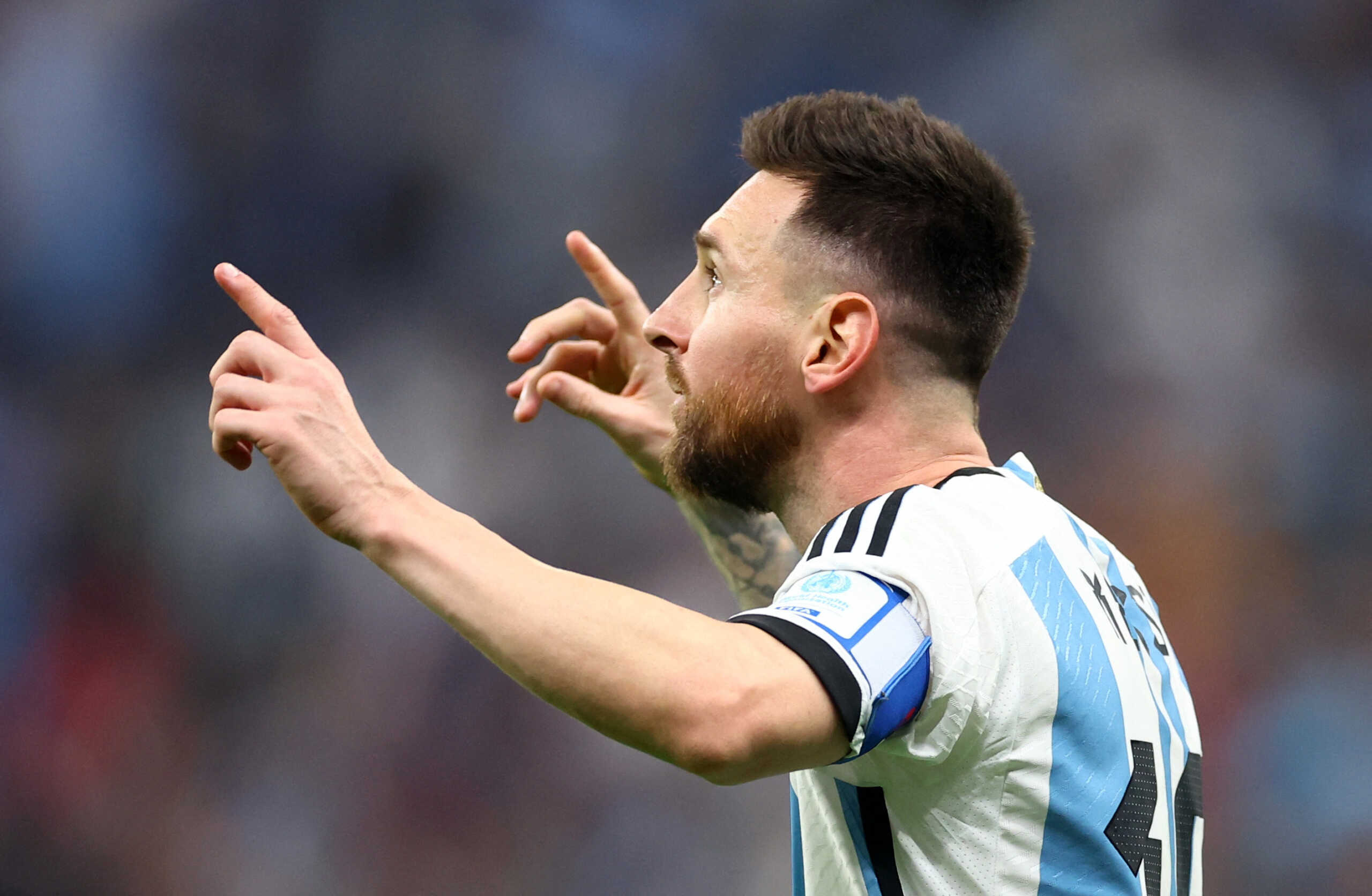 Soccer Football - FIFA World Cup Qatar 2022 - Final - Argentina v France - Lusail Stadium, Lusail, Qatar - December 18, 2022 Argentina's Lionel Messi celebrates scoring their first goal REUTERS