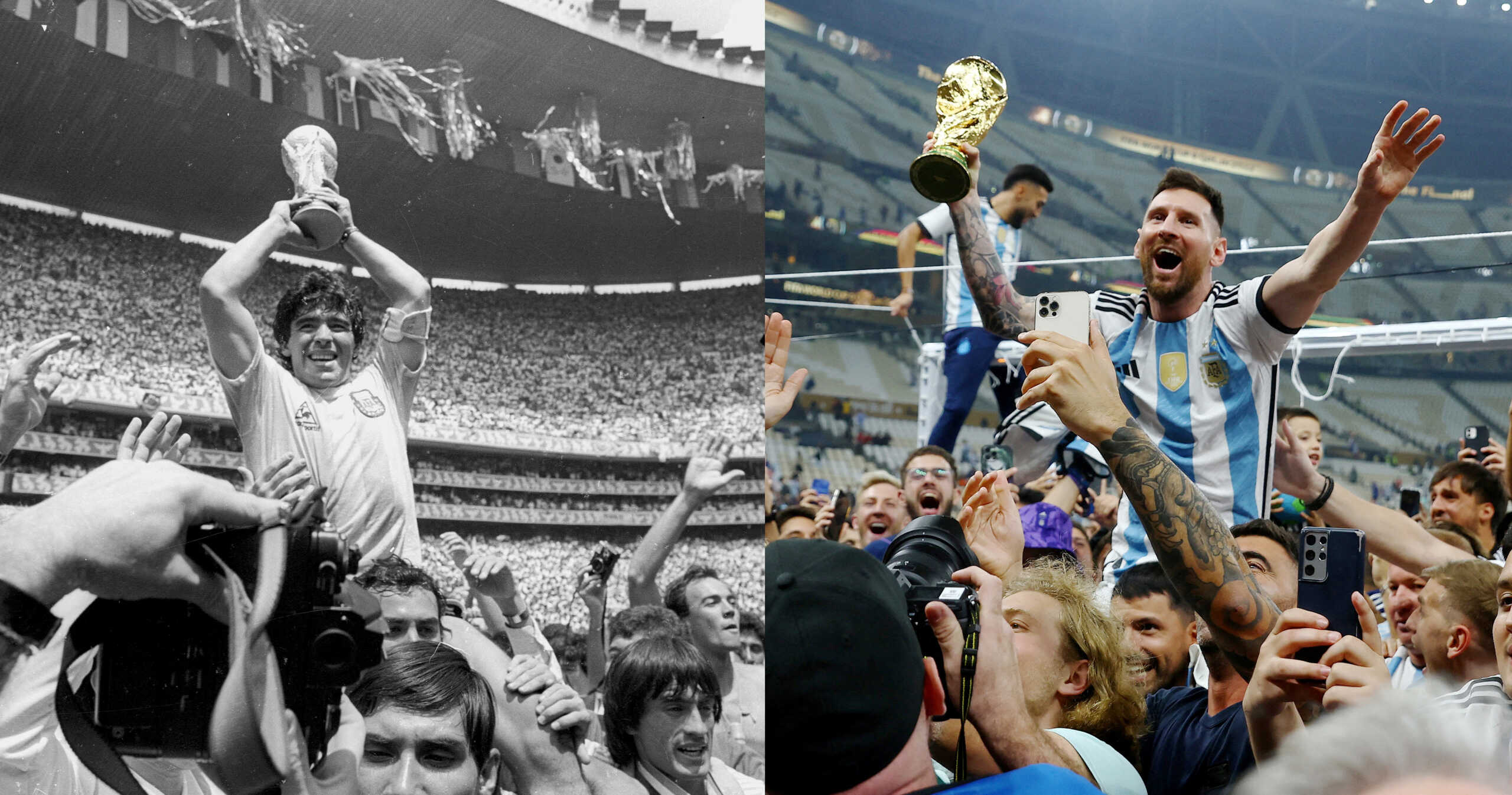 A combination picture shows Argentina's Lionel Messi and Diego Maradona celebrating with their FIFA World Cup Qatar 2022 and FIFA World Cup Mexico 1986 trophies. The first picture shows Argentina's Diego Maradona celebrating with the trophy after winning the 1986 FIFA World Cup in Mexico at Estadio Azteca, Mexico City, Mexico, June 29, 1986. REUTERS