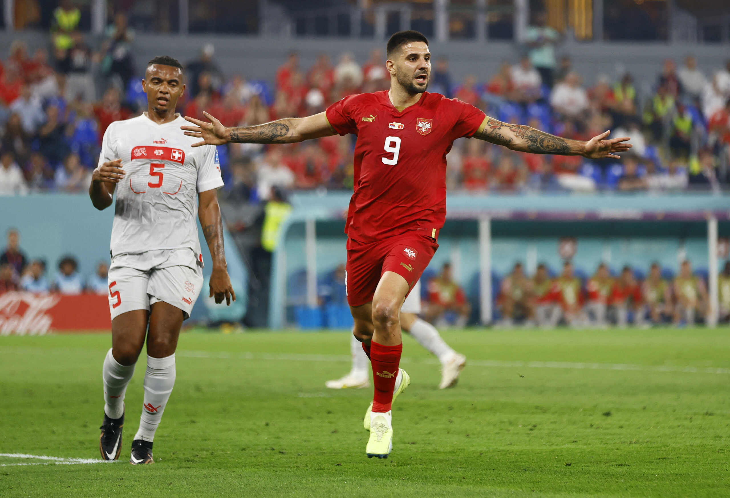Soccer Football - FIFA World Cup Qatar 2022 - Group G - Serbia v Switzerland - Stadium 974, Doha, Qatar - December 2, 2022 Serbia's Aleksandar Mitrovic celebrates scoring their first goal REUTERS