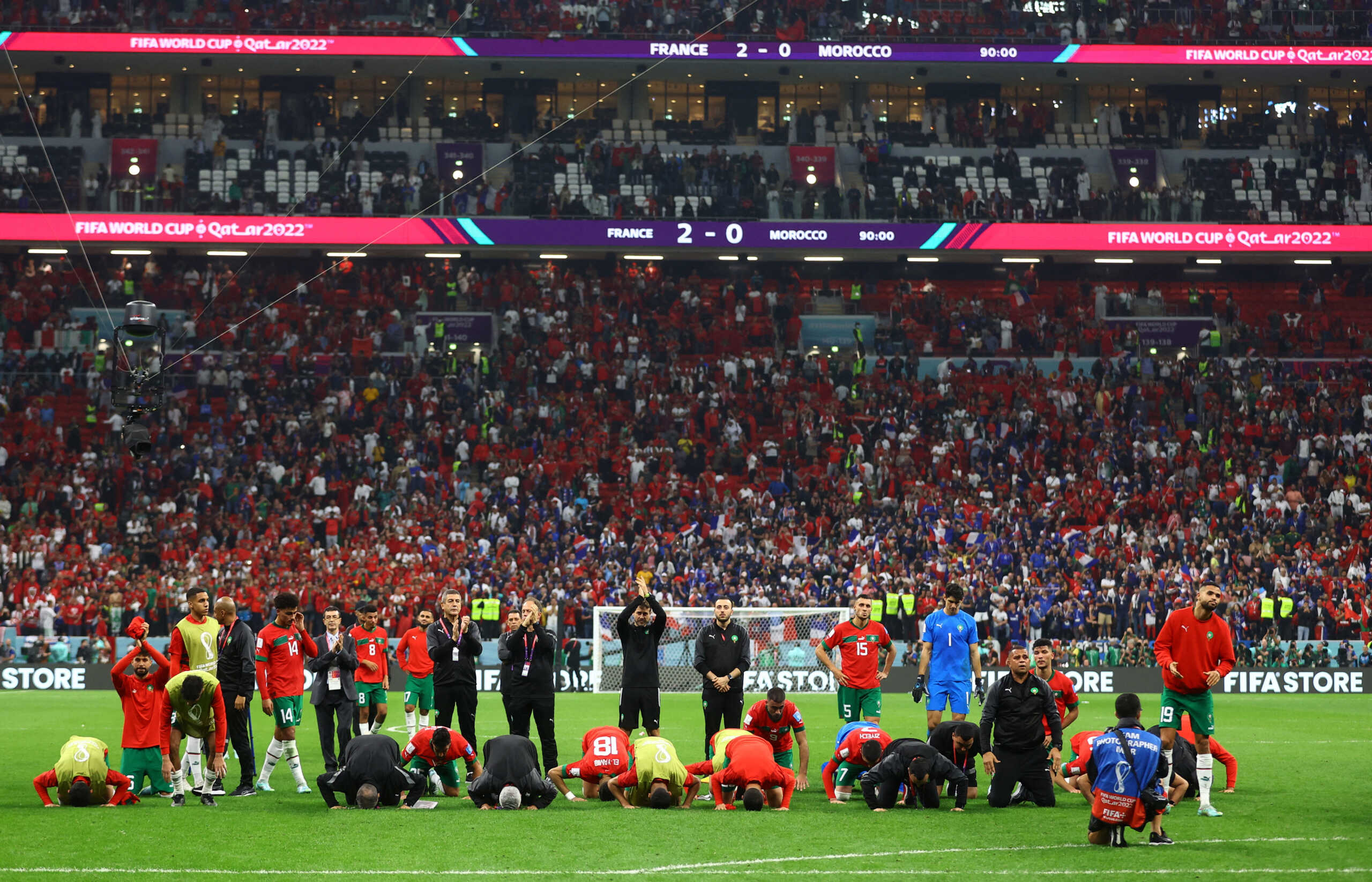 Soccer Football - FIFA World Cup Qatar 2022 - Semi Final - France v Morocco - Al Bayt Stadium, Al Khor, Qatar - December 14, 2022 Morocco players after the match as Morocco are eliminated from the World Cup REUTERS