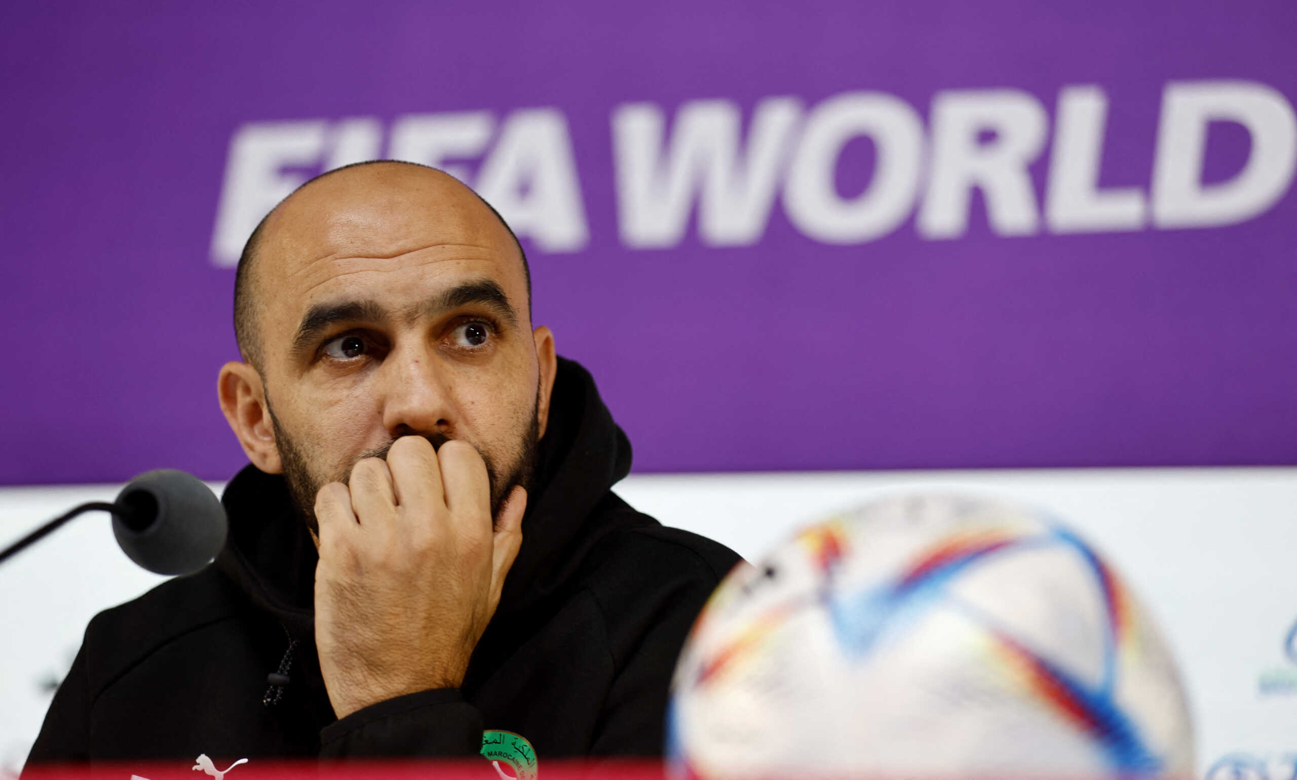 Soccer Football - FIFA World Cup Qatar 2022 - Morocco Press Conference - Main Media Center, Doha, Qatar - December 9, 2022 Morocco coach Walid Regragui during the press conference REUTERS