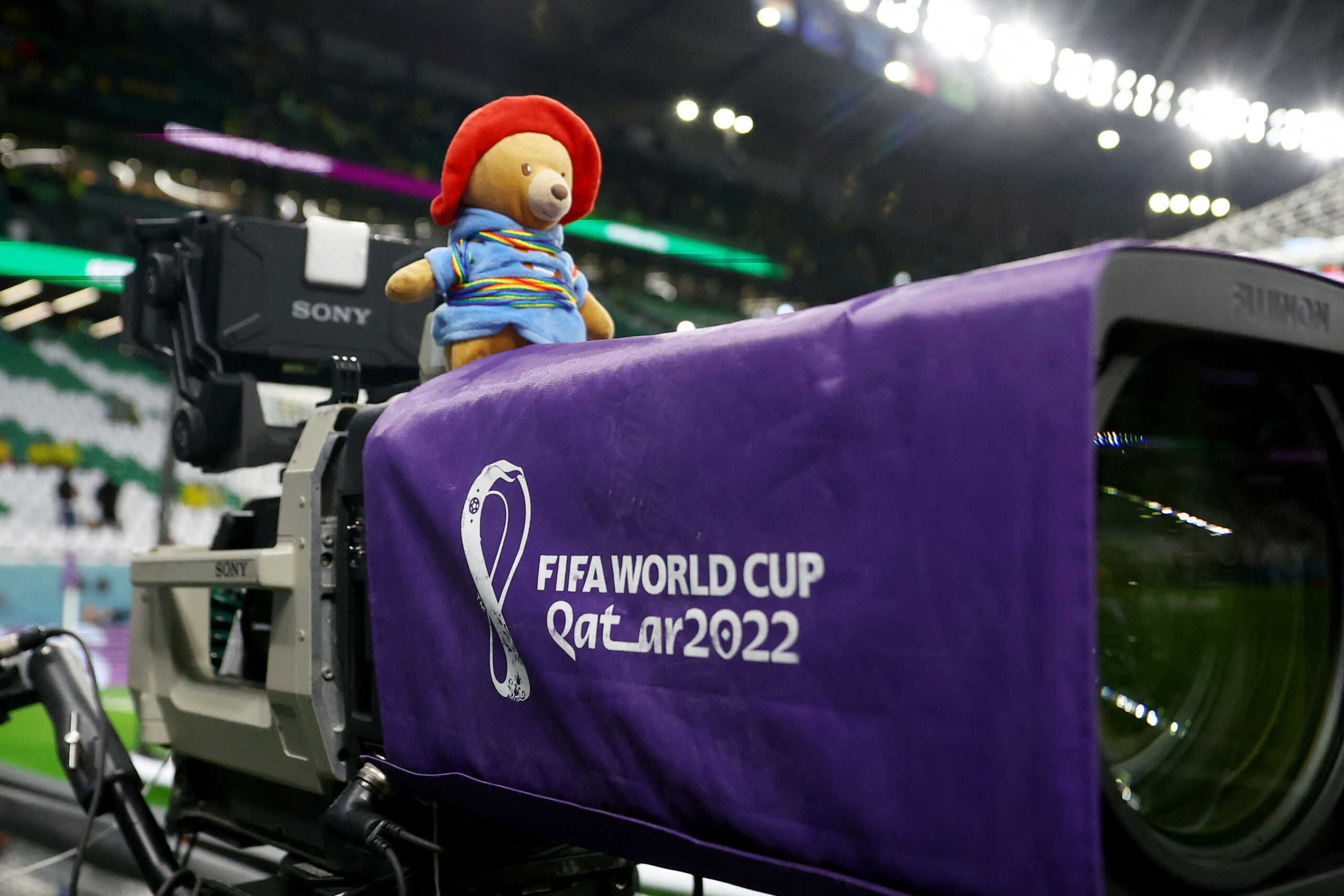 Soccer Football - FIFA World Cup Qatar 2022 - Quarter Final - Croatia v Brazil - Education City Stadium, Doha, Qatar - December 9, 2022 A Paddington Bear toy is pictured on a camera inside the stadium before the match REUTERS