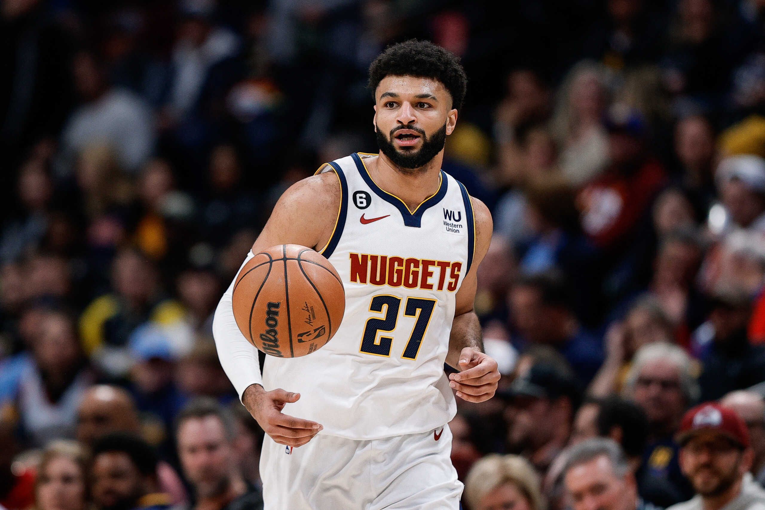 Nov 30, 2022; Denver, Colorado, USA; Denver Nuggets guard Jamal Murray (27) controls the ball in the first quarter against the Houston Rockets at Ball Arena. Mandatory Credit: Isaiah J. Downing-USA TODAY Sports
