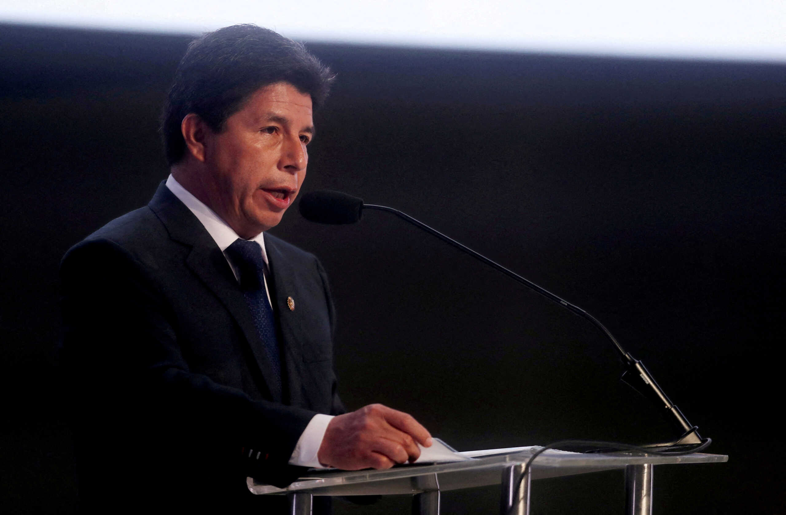 FILE PHOTO: Peruvian President Pedro Castillo addresses the audience during the opening of the VII Ministerial Summit on Government and Digital Transformation of the Americas, in Lima, Peru on November 10, 2022. REUTERS