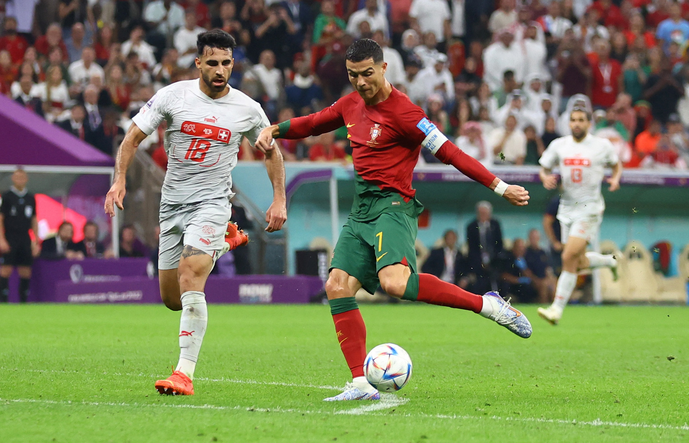 Soccer Football - FIFA World Cup Qatar 2022 - Round of 16 - Portugal v Switzerland - Lusail Stadium, Lusail, Qatar - December 6, 2022  Portugal's Cristiano Ronaldo scores a goal that was later disallowed REUTERS