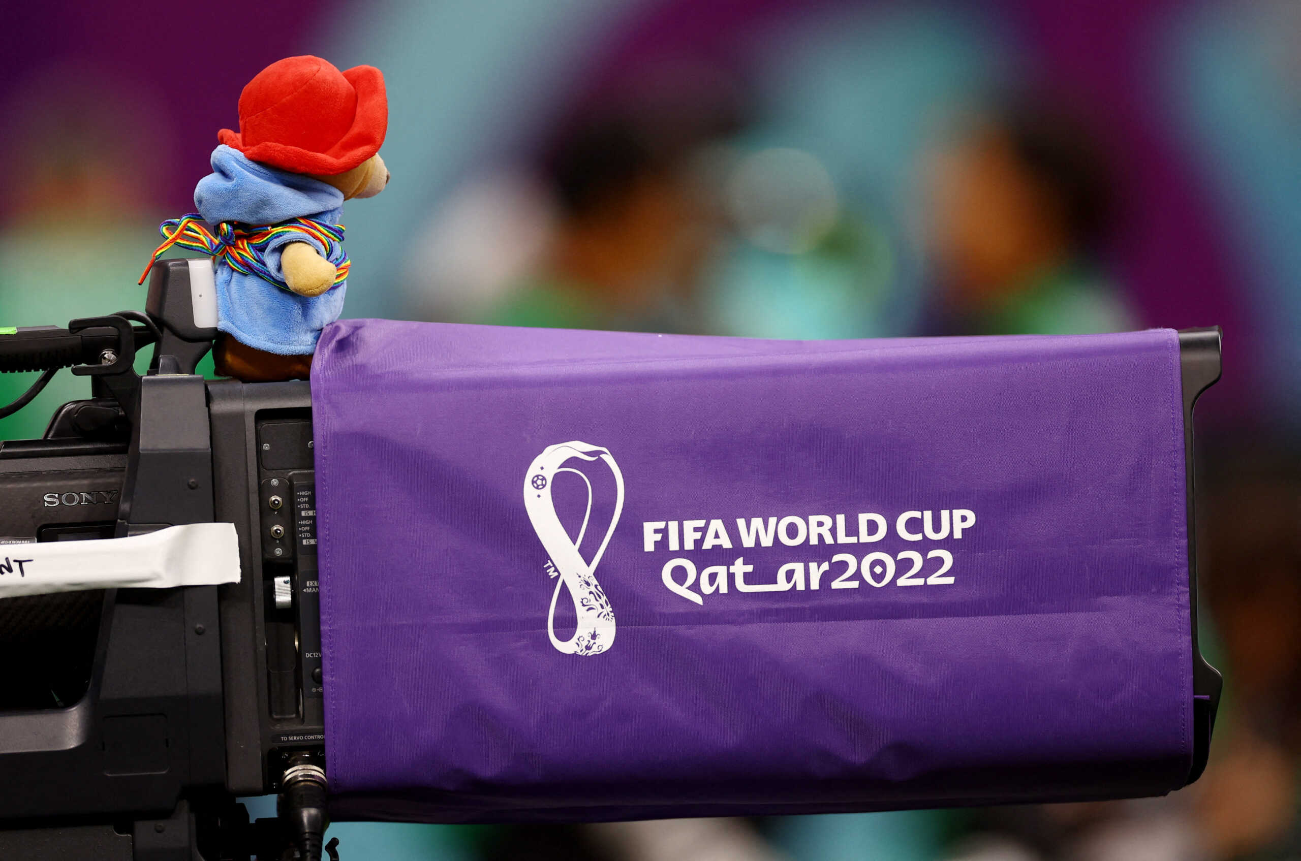 Soccer Football - FIFA World Cup Qatar 2022 - Group B - England v United States - Al Bayt Stadium, Al Khor, Qatar - November 25, 2022  General view of a toy paddington bear on a camera ahead of the match REUTERS