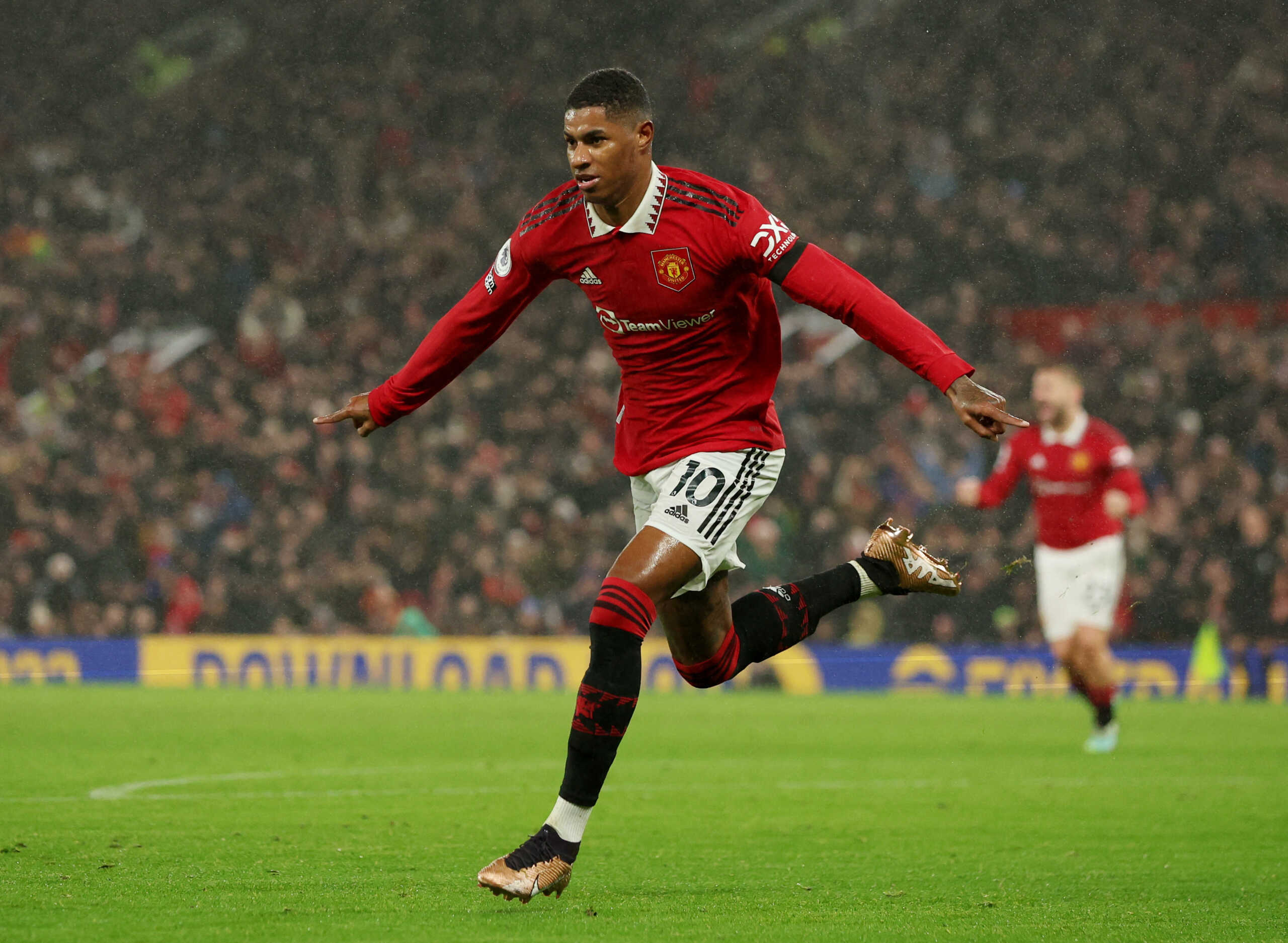 Soccer Football - Premier League - Manchester United v Nottingham Forest - Old Trafford, Manchester, Britain - December 27, 2022  Manchester United's Marcus Rashford celebrates scoring their first goal REUTERS