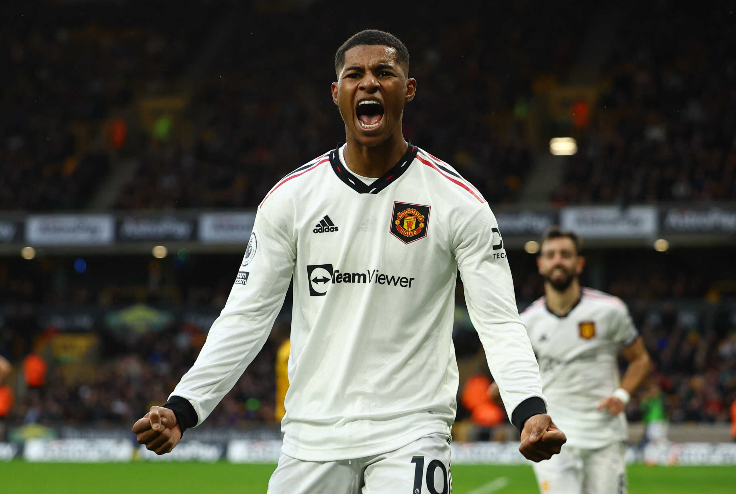 Soccer Football - Premier League - Wolverhampton Wanderers v Manchester United - Molineux Stadium, Wolverhampton, Britain - December 31, 2022 Manchester United's Marcus Rashford celebrates scoring a goal that was later disallowed REUTERS