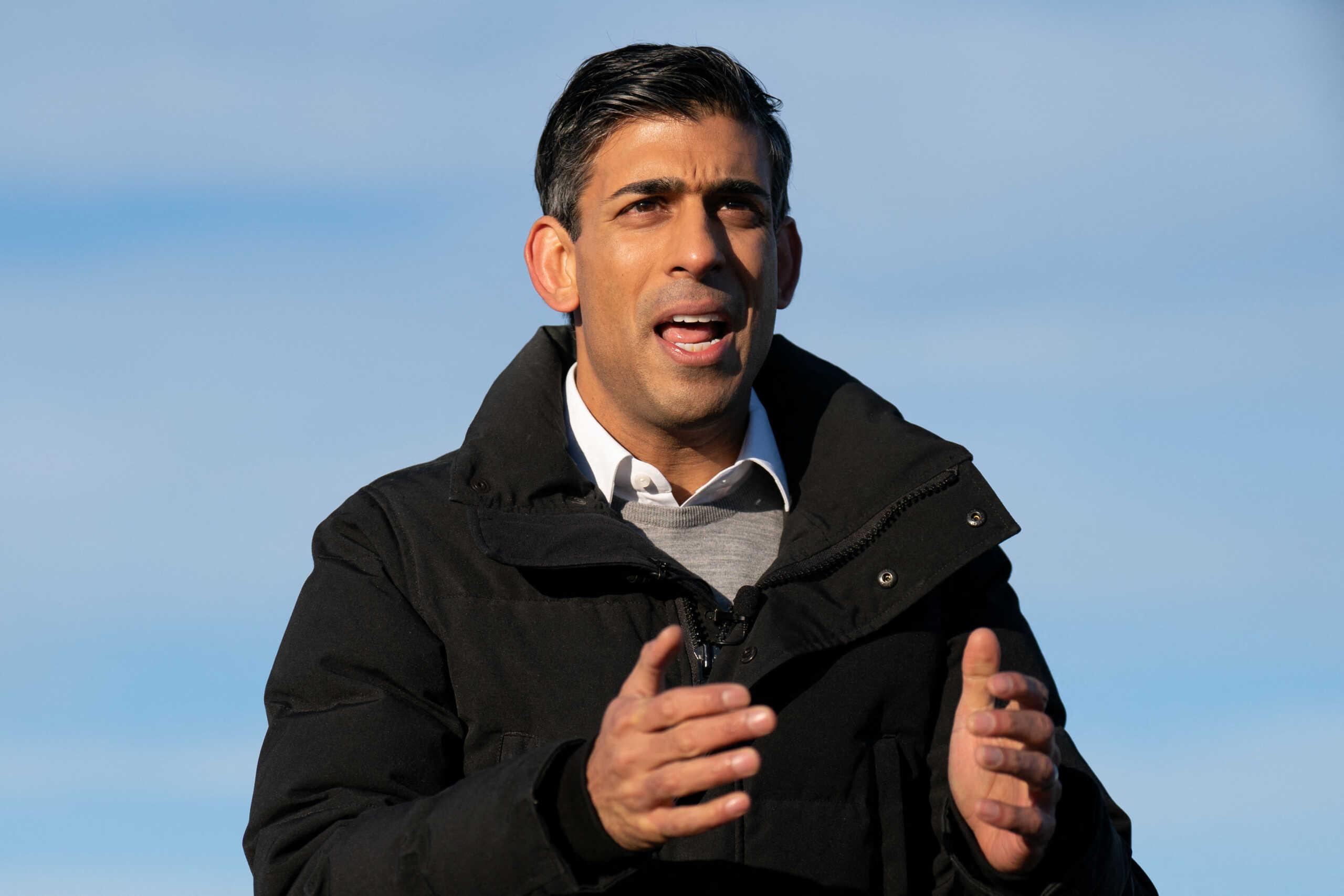 Prime Minister Rishi Sunak during his visit to RAF Coningsby in Linconshire following the announcement that Britain will work to develop next-generation fighter jets with Italy and Japan. The jets, called Tempest in the UK, are to take to the skies by 2035 and serve as a successor to the RAF Typhoon. The ambition is for the planes developed under the global combat air programme (GCAP) to be enhanced by capabilities including uncrewed aircraft, advanced sensors and cutting-edge weapons. December 9, 2022. Joe Giddens