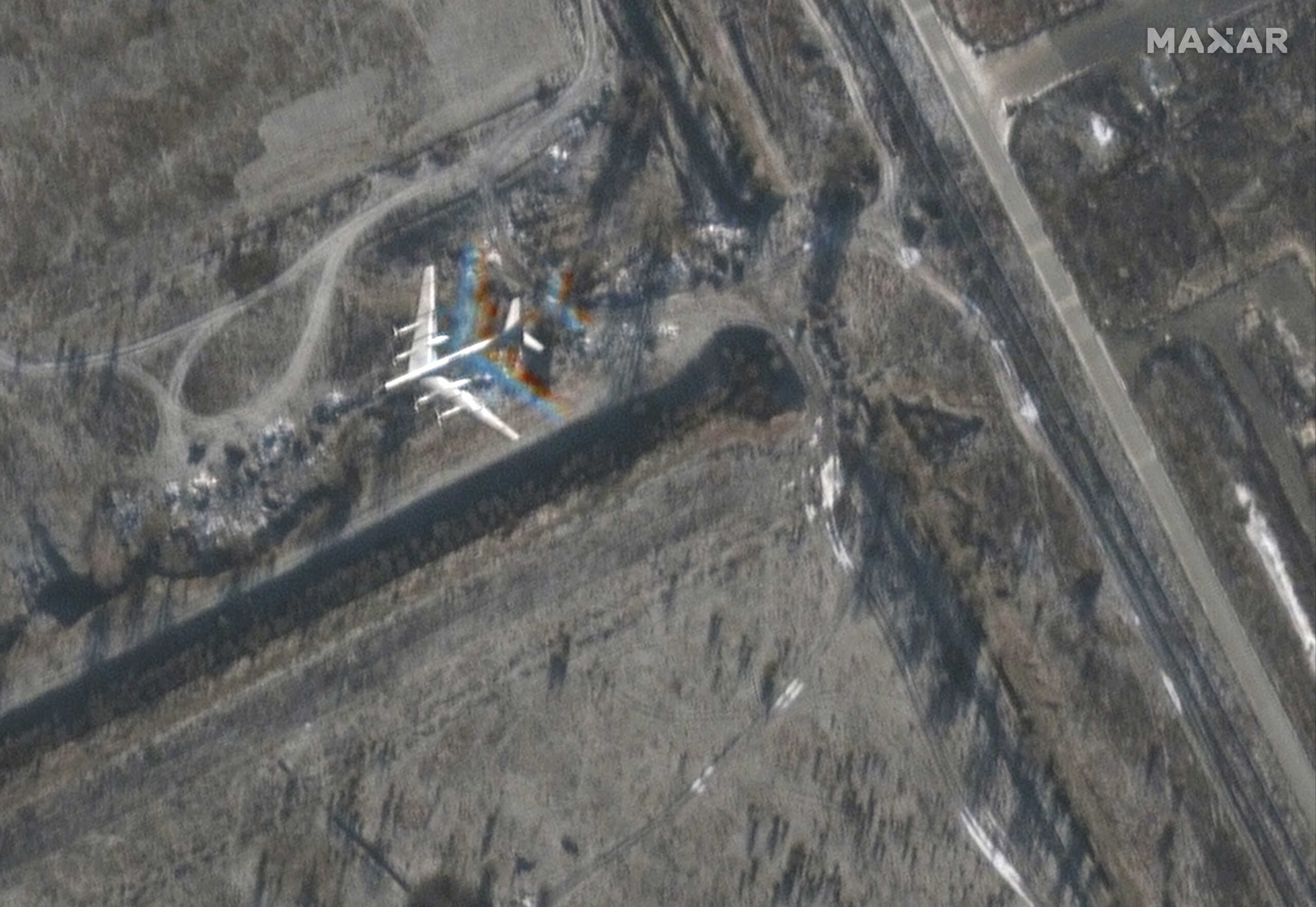 A satellite image shows bomber in flight at northeast of Engels Air Base in Saratov, Russia, December 3, 2022. Satellite image 2022 Maxar Technologies