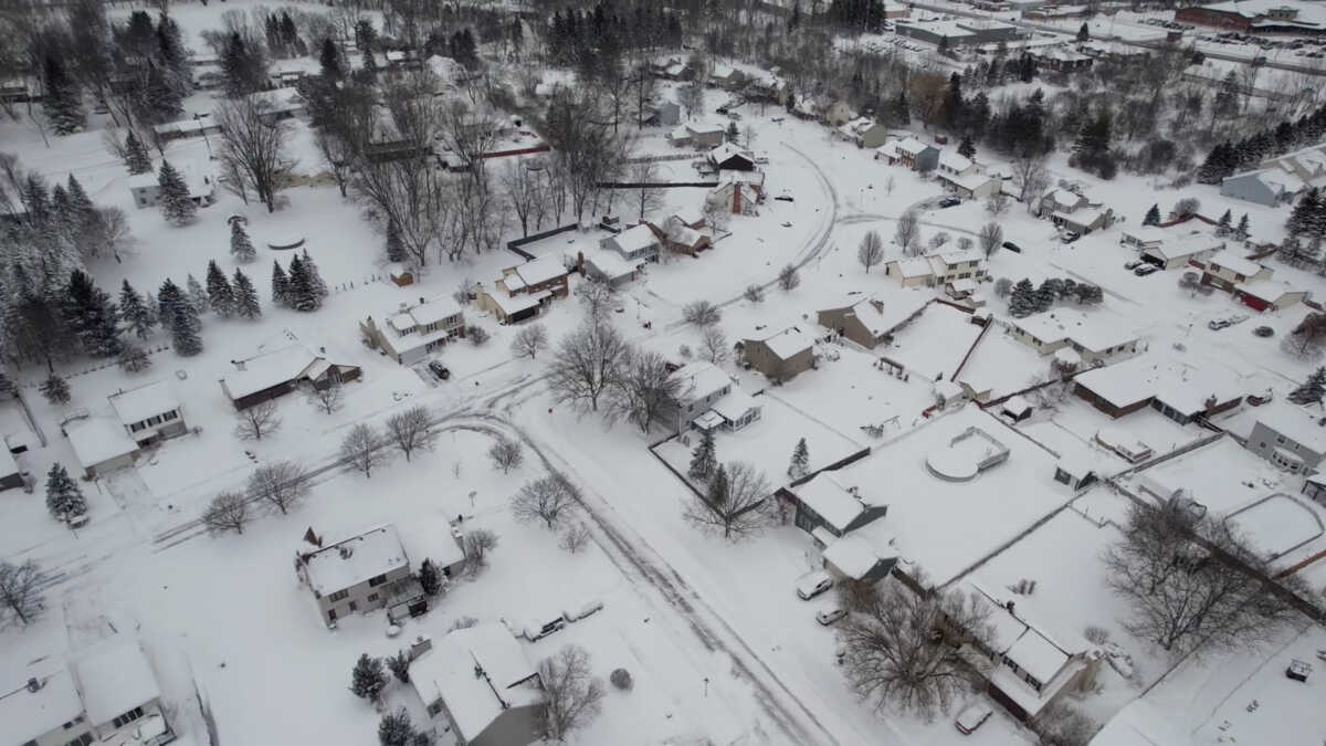 An aerial view of buildings during a blizzard in Buffalo, New York, U.S. December 26, 2022, in this screengrab obtained from a social media video. Mostofa Ahsan