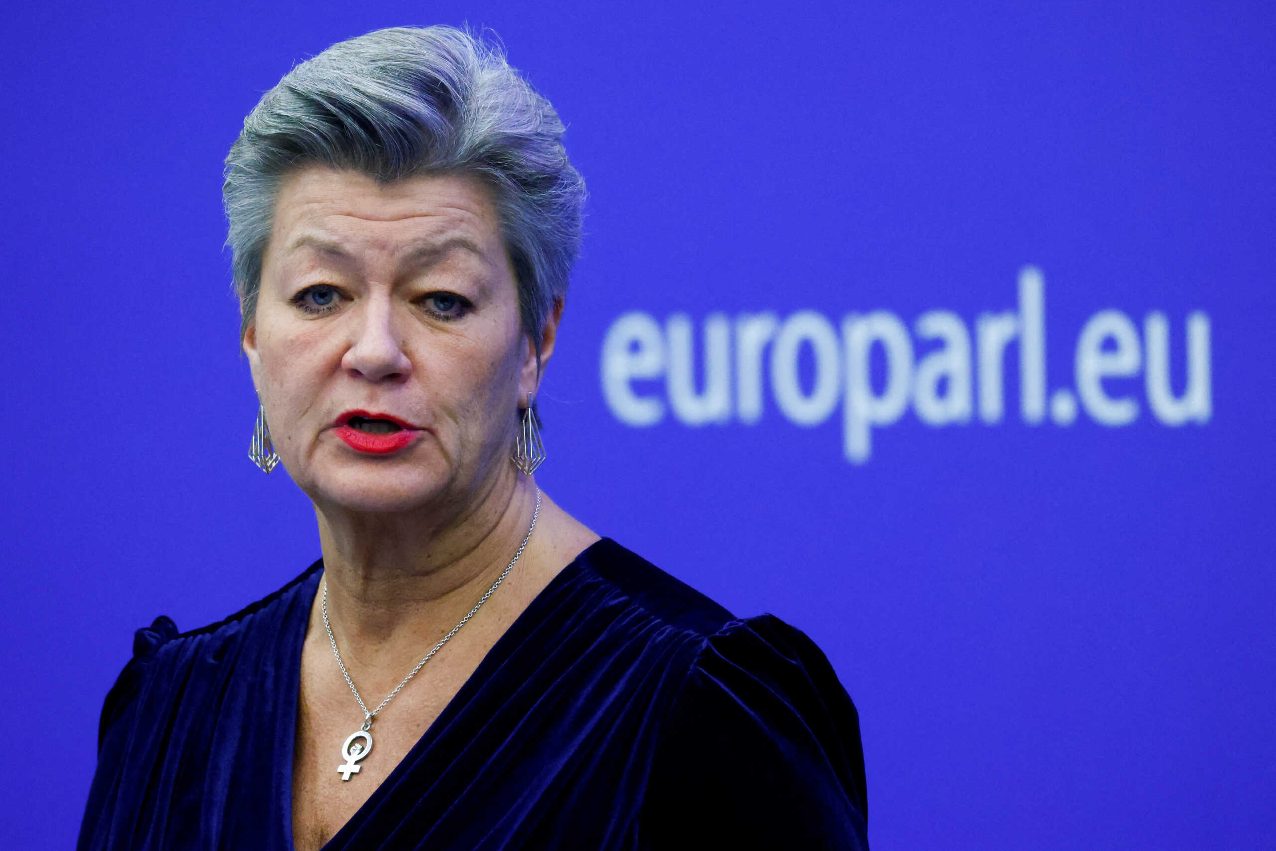 European Commissioner for Home Affairs Ylva Johansson and European Commission vice president Margaritis Schinas hold a news conference after the European Commission College meeting in Strasbourg, France December 13, 2022. REUTERS