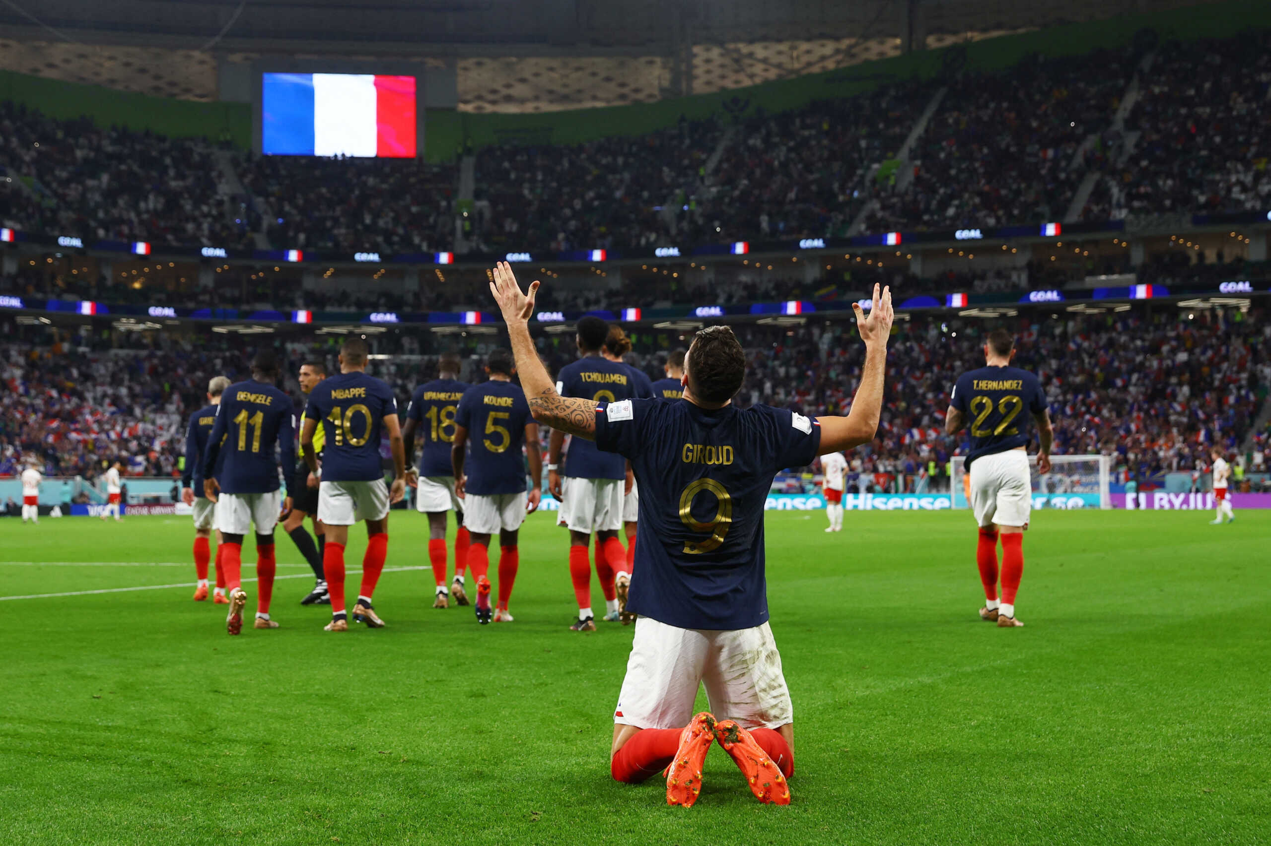 Soccer Football - FIFA World Cup Qatar 2022 - Round of 16 - France v Poland - Al Thumama Stadium, Doha, Qatar - December 4, 2022 France's Olivier Giroud celebrates scoring their first goal REUTERS
