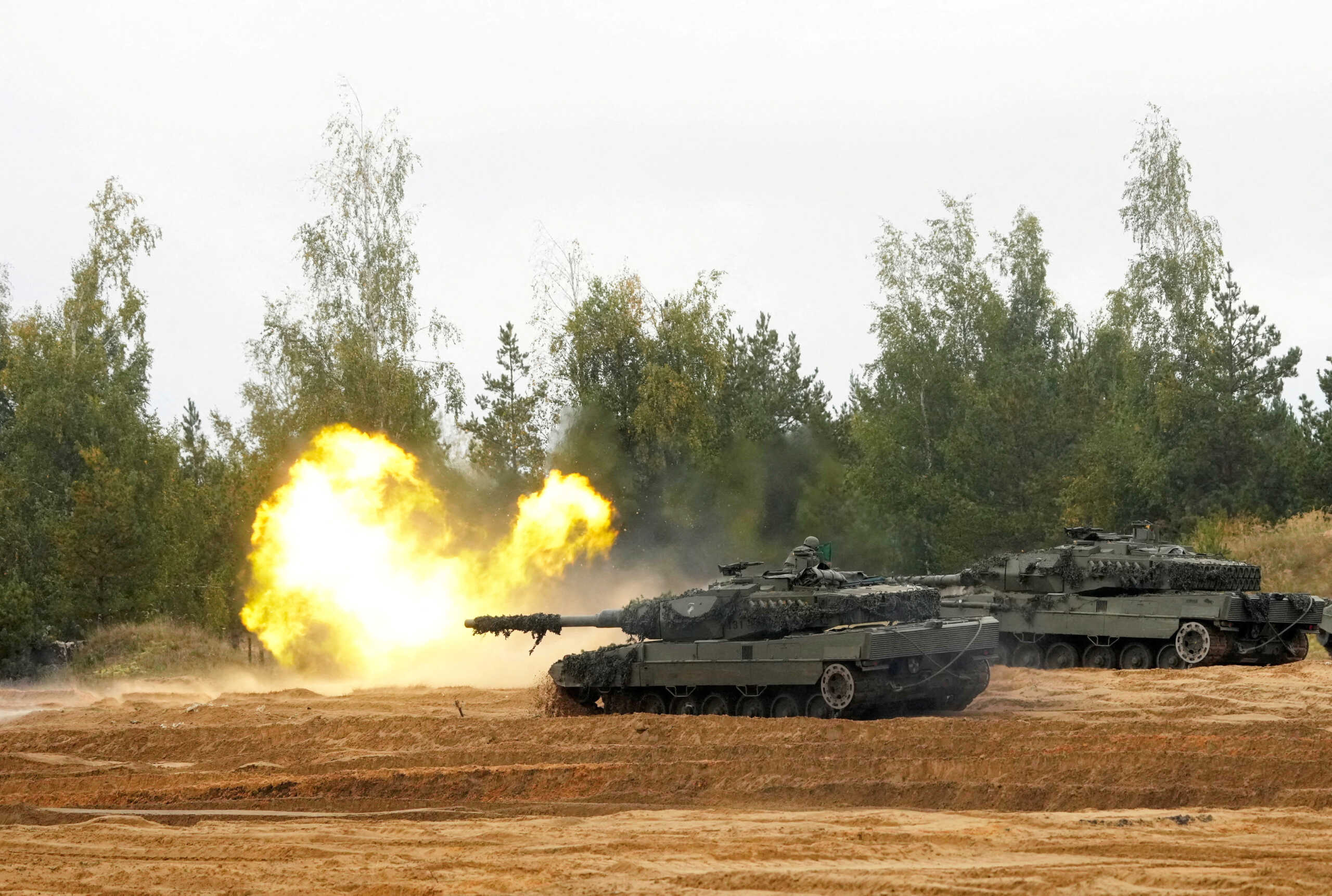 FILE PHOTO: NATO enhanced Forward Presence battle group Spanish army tank Leopard 2 fires during the final phase of the Silver Arrow 2022 military drill on Adazi military training grounds, Latvia September 29, 2022. REUTERS