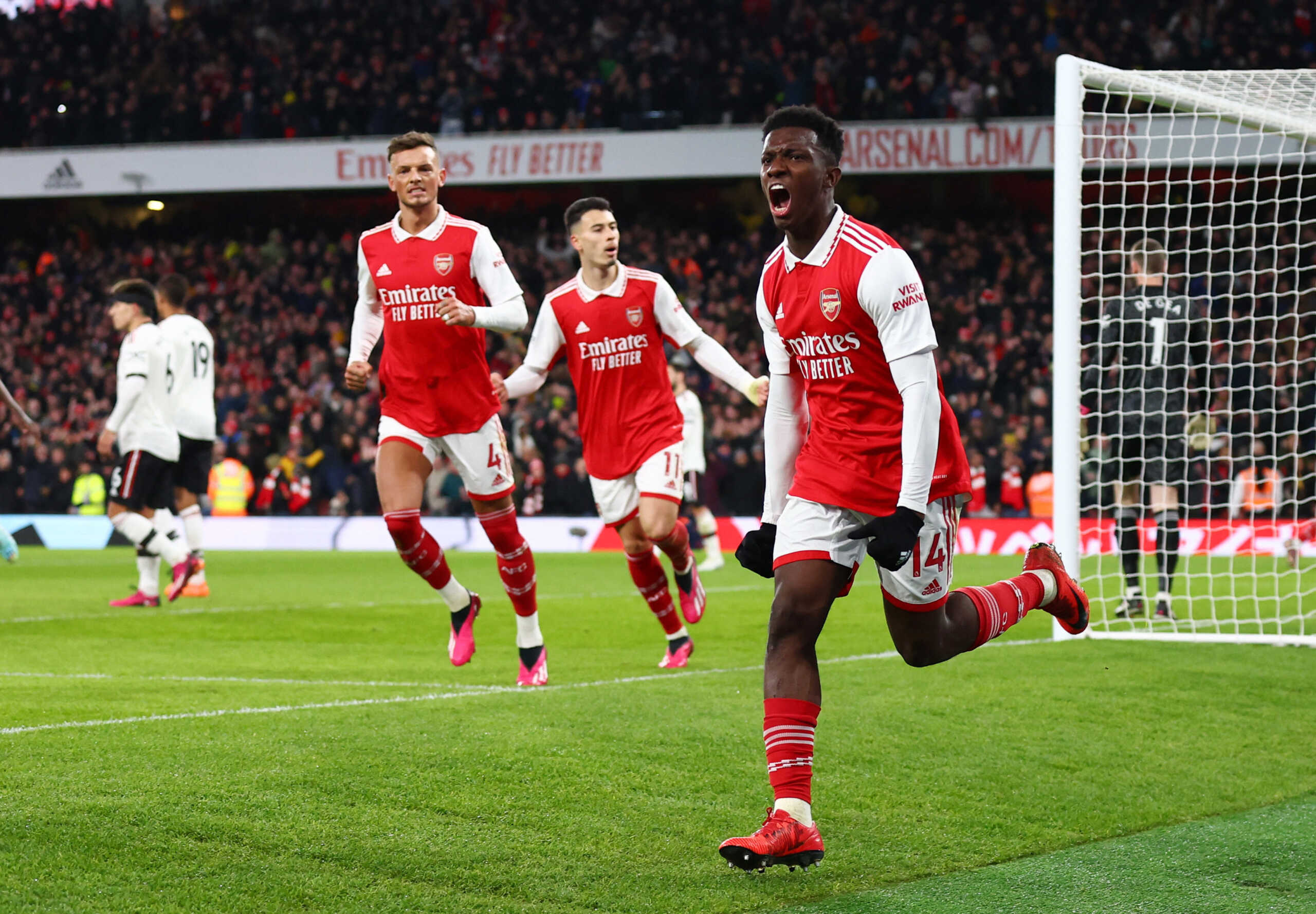 Soccer Football - Premier League - Arsenal v Manchester United - Emirates Stadium, London, Britain - January 22, 2023 Arsenal's Eddie Nketiah celebrates scoring their first goal REUTERS