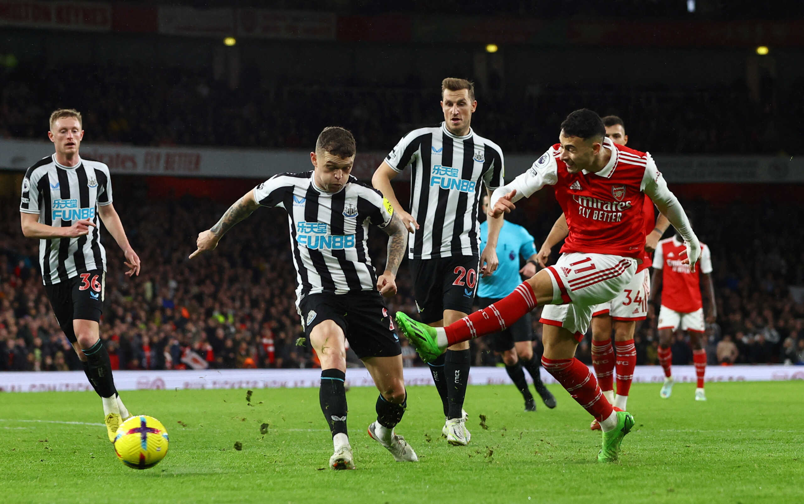 Soccer Football - Premier League - Arsenal v Newcastle United - Emirates Stadium, London, Britain - January 3, 2023 Newcastle United's Kieran Trippier in action with Arsenal's Gabriel Martinelli Action Images via Reuters