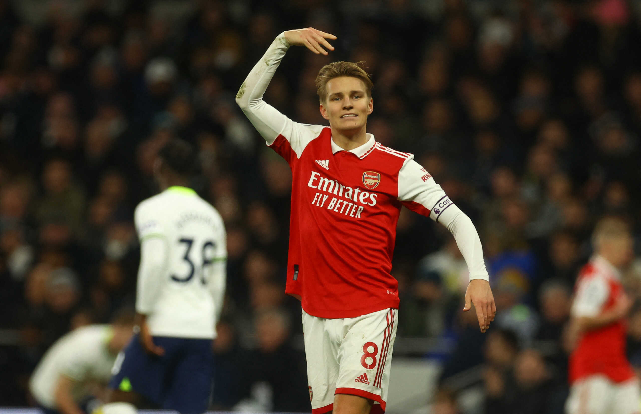 Soccer Football - Premier League - Tottenham Hotspur v Arsenal - Tottenham Hotspur Stadium, London, Britain - January 15, 2023 Arsenal's Martin Odegaard reacts Action Images via Reuters
