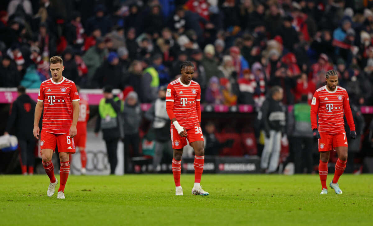 Soccer Football - Bundesliga - Bayern Munich v Eintracht Frankfurt - Allianz Arena, Munich, Germany - January 28, 2023 Bayern Munich's Joshua Kimmich, Mathys Tel and Serge Gnabry react after the match REUTERS
