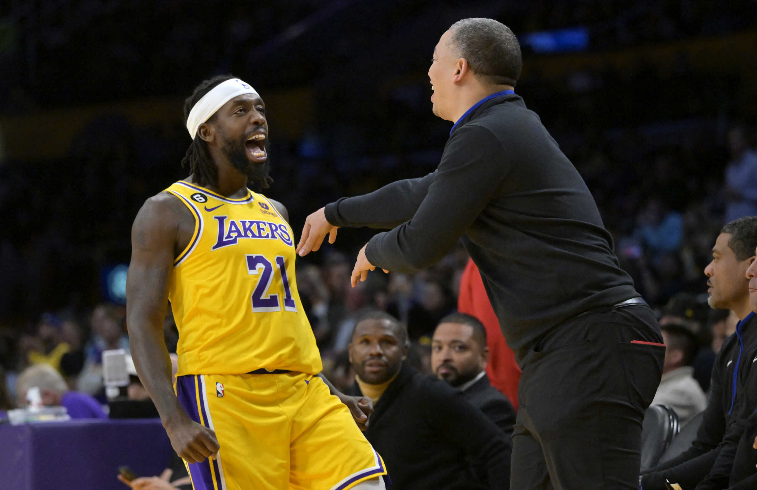 Jan 24, 2023; Los Angeles, California, USA; Los Angeles Lakers guard Patrick Beverley (21) gives a hug to Los Angeles Clippers head coach Tryonn Lue at the start of the game at Crypto.com Arena. Mandatory Credit: Jayne Kamin-Oncea-USA TODAY Sports