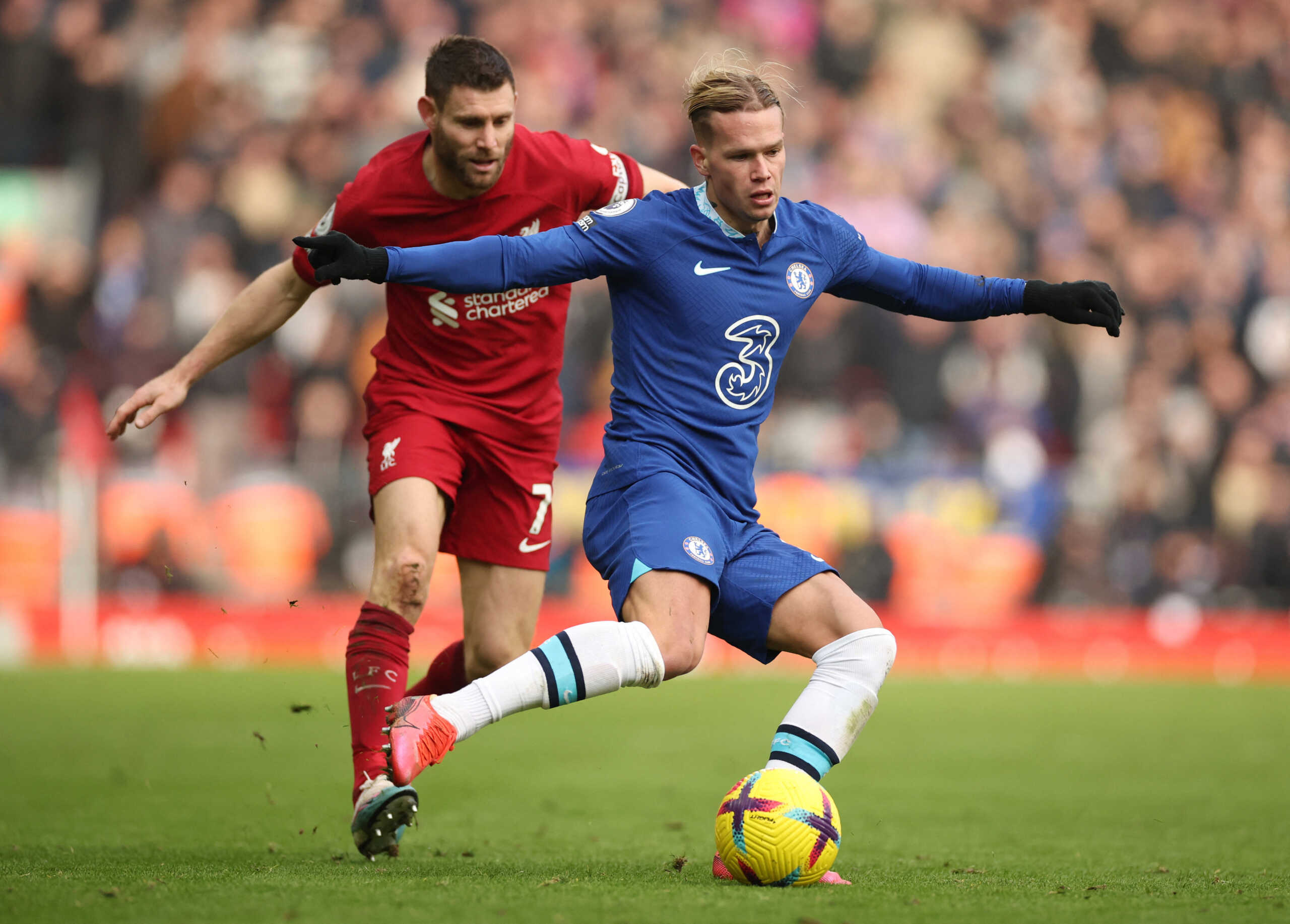 Soccer Football - Premier League - Liverpool v Chelsea - Anfield, Liverpool, Britain - January 21, 2023 Liverpool's James Milner in action with Chelsea's Mykhailo Mudryk REUTERS