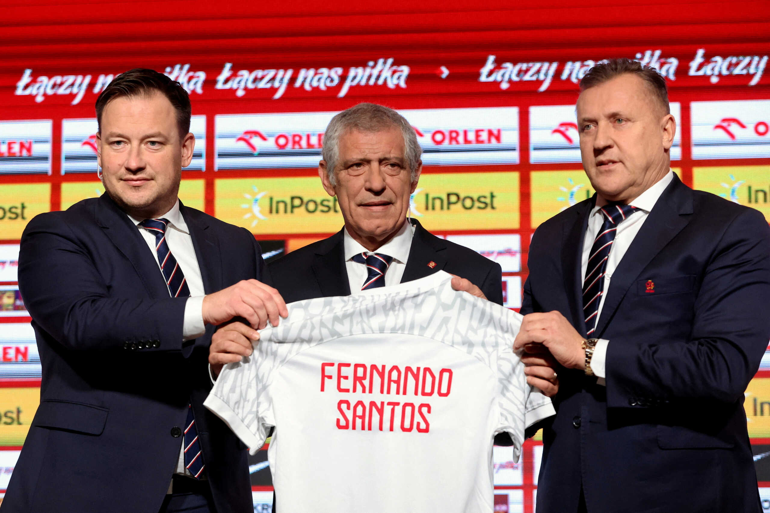 Soccer Football - Poland Press Conference - PGE Narodowy, Warsaw, Poland - January 24, 2023  Poland coach Fernando Santos, President of the Polish Football Association Cezary Kulesza and Secretary General of the Polish Football Association Lukasz Wachowski during the press conference  Kuba Atys