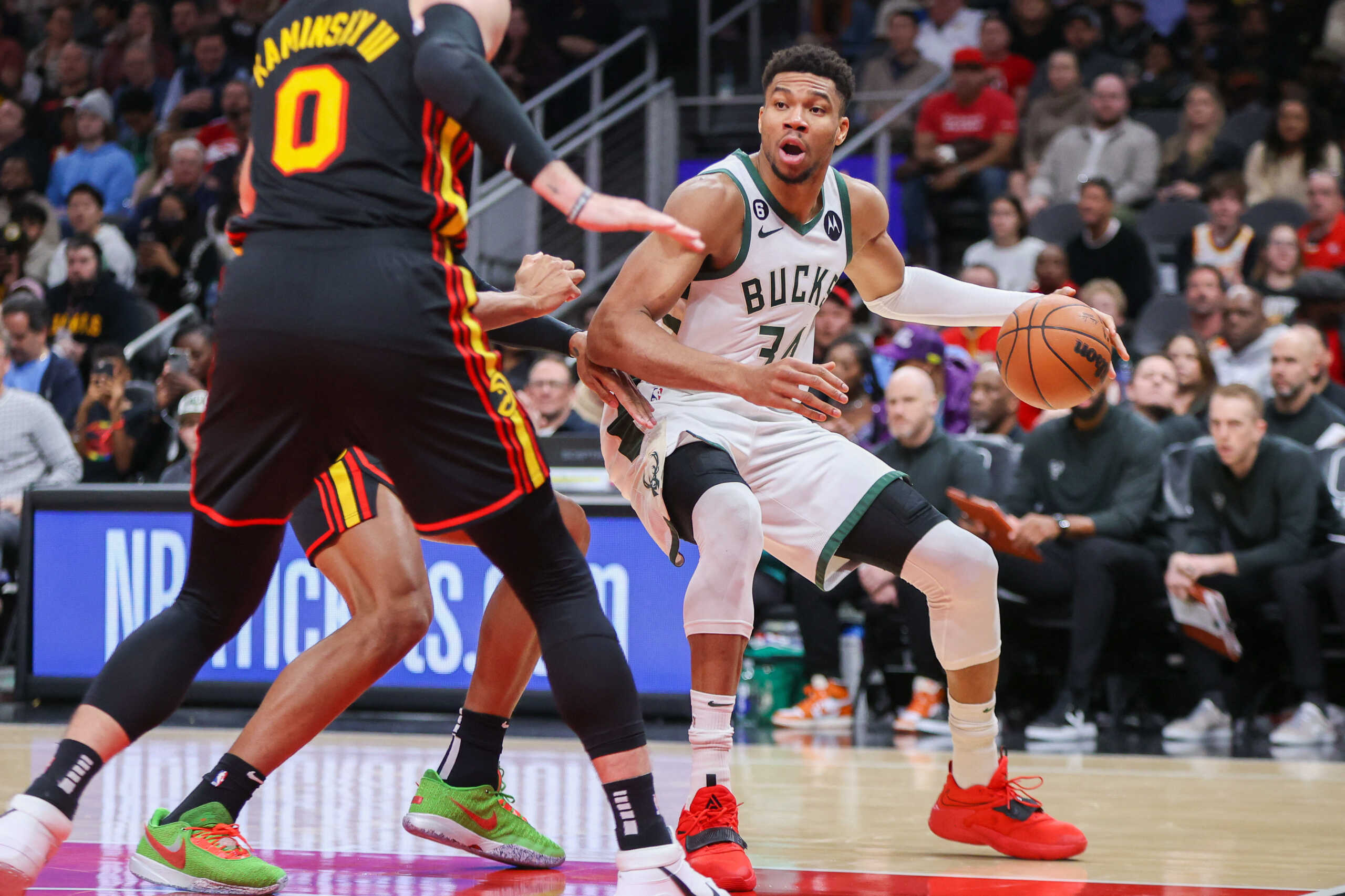 Jan 11, 2023; Atlanta, Georgia, USA; Milwaukee Bucks forward Giannis Antetokounmpo (34) dribbles against the Atlanta Hawks in the second half at State Farm Arena. Mandatory Credit: Brett Davis-USA TODAY Sports