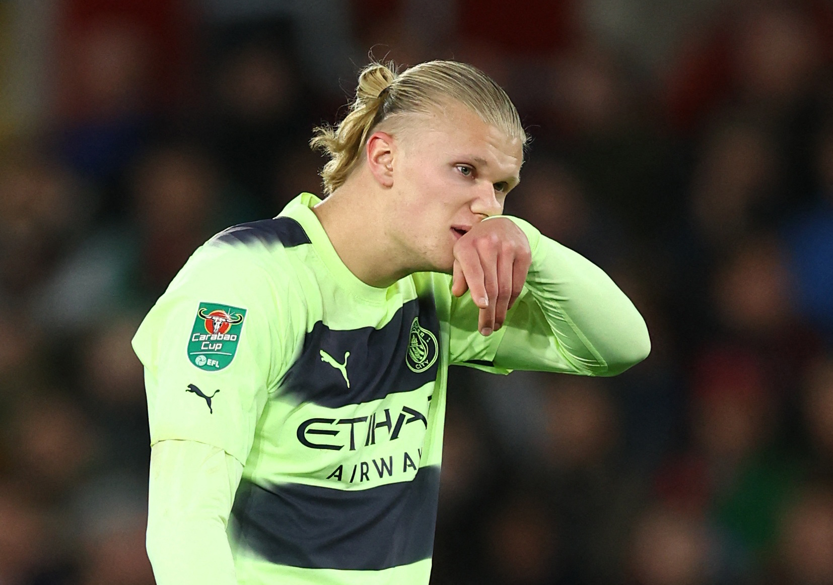 Soccer Football - Carabao Cup - Quarter Final - Southampton v Manchester City - St Mary's Stadium, Southampton, Britain - January 11, 2023  Manchester City's Erling Braut Haaland reacts REUTERS