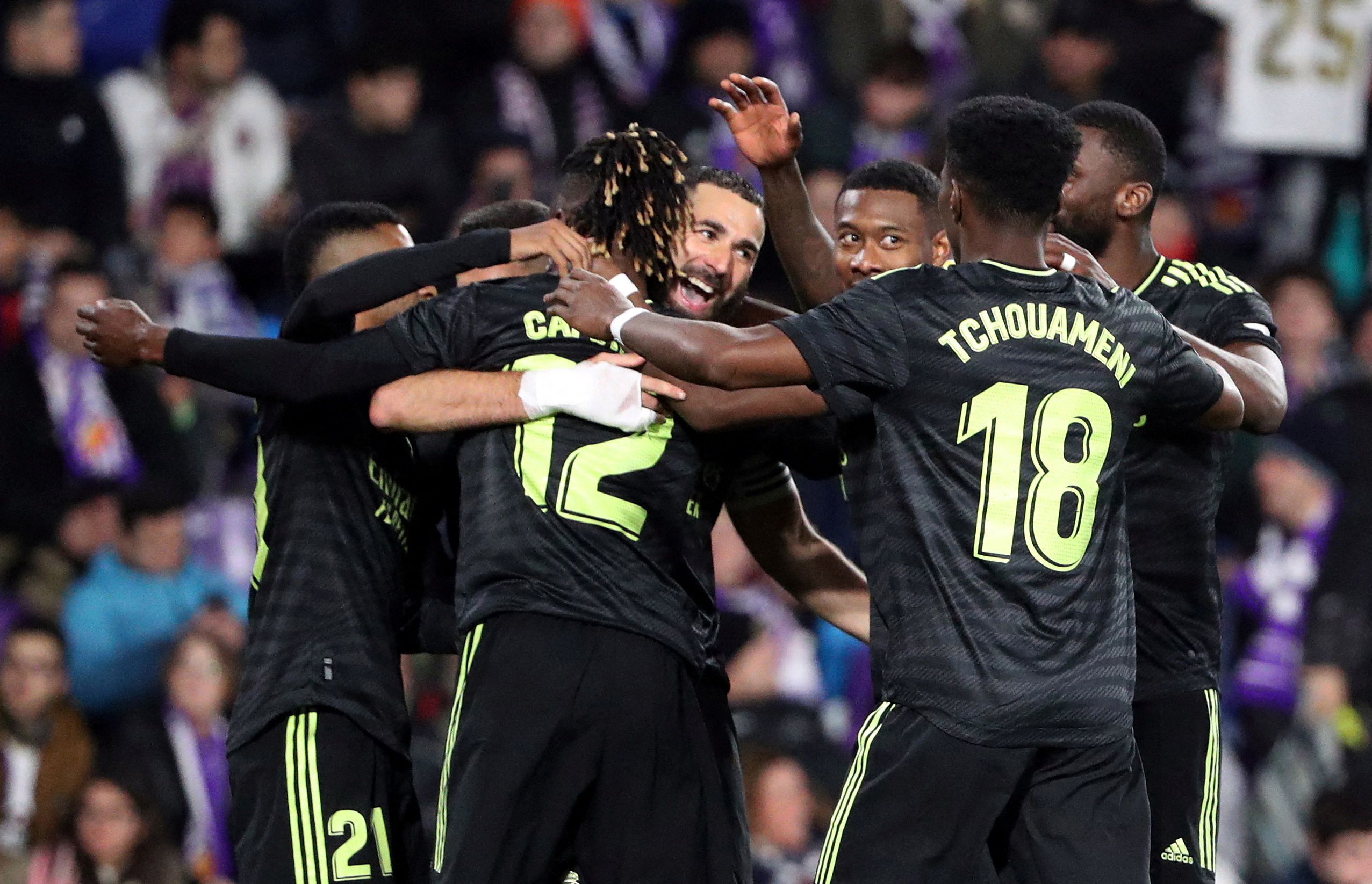 Soccer Football - LaLiga - Real Valladolid v Real Madrid - Estadio Jose Zorrilla, Valladolid, Spain - December 30, 2022  Real Madrid's Karim Benzema celebrates scoring their second goal with teammates REUTERS
