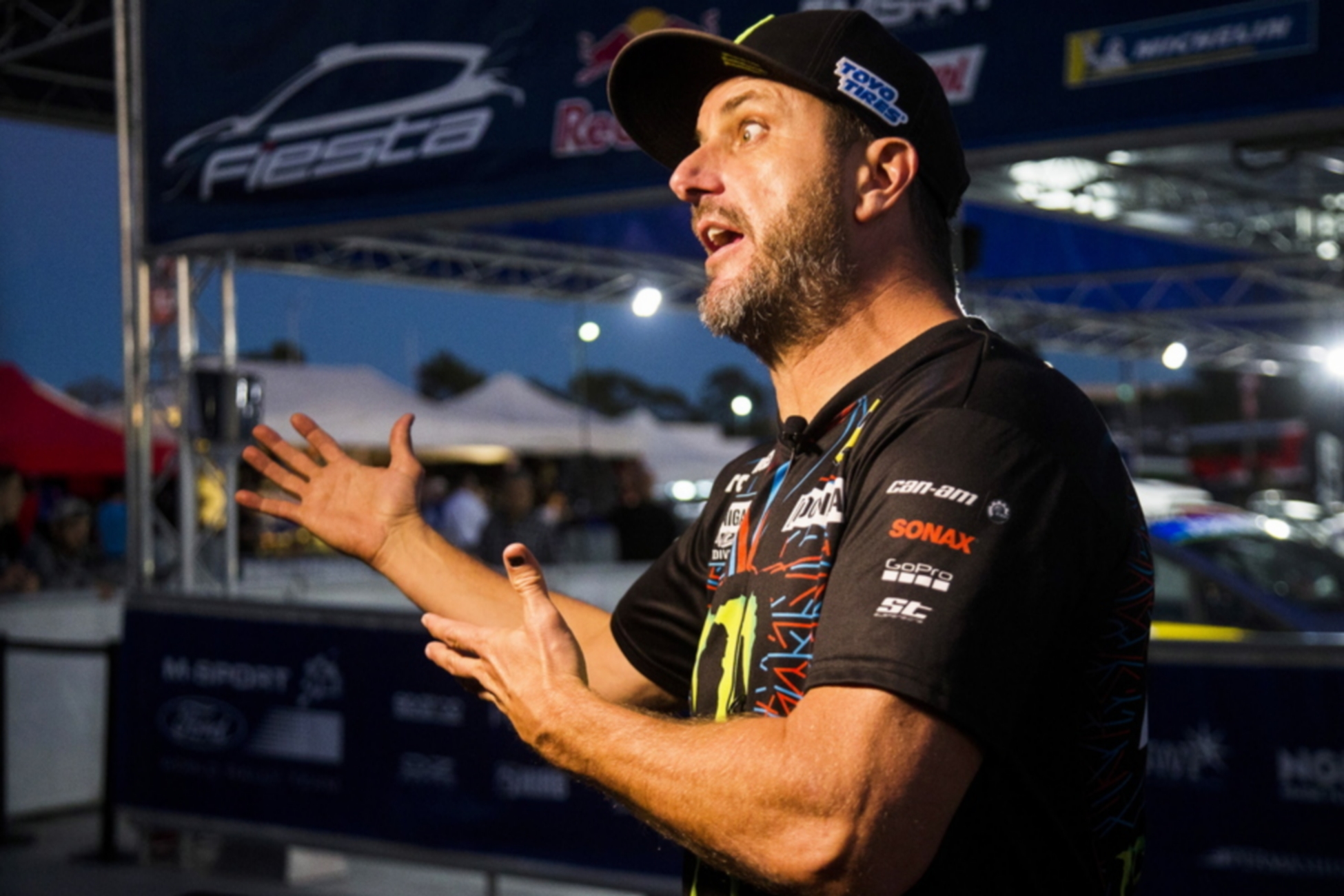 epa07118601 Ken Block of the USA talks to journalists before the Rally of Spain 2018 as part of the World Rally Championship (WRC) in Barcelona, Spain, 25 October 2018.  EPA