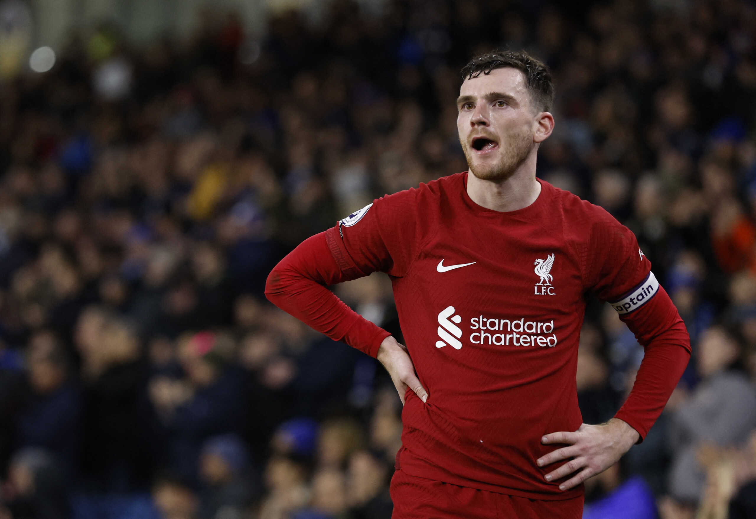 Soccer Football - Premier League - Brighton & Hove Albion v Liverpool - The American Express Community Stadium, Brighton, Britain - January 14, 2023 Liverpool's Andrew Robertson reacts Action Images via Reuters