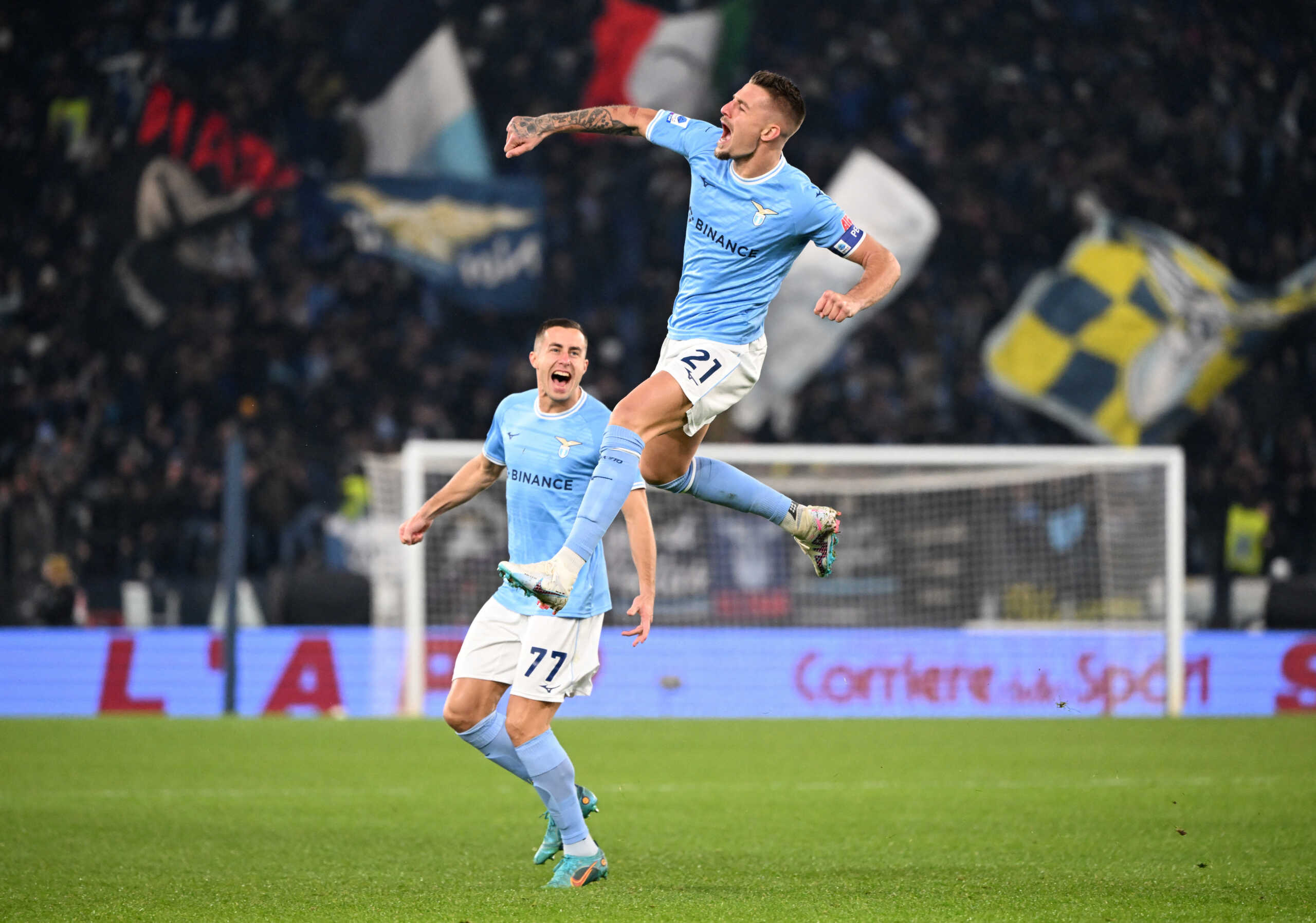 Soccer Football - Serie A - Lazio v AC Milan - Stadio Olimpico, Rome, Italy - January 24, 2023 Lazio's Sergej Milinkovic-Savic celebrates scoring their first goal with Adam Marusic REUTERS