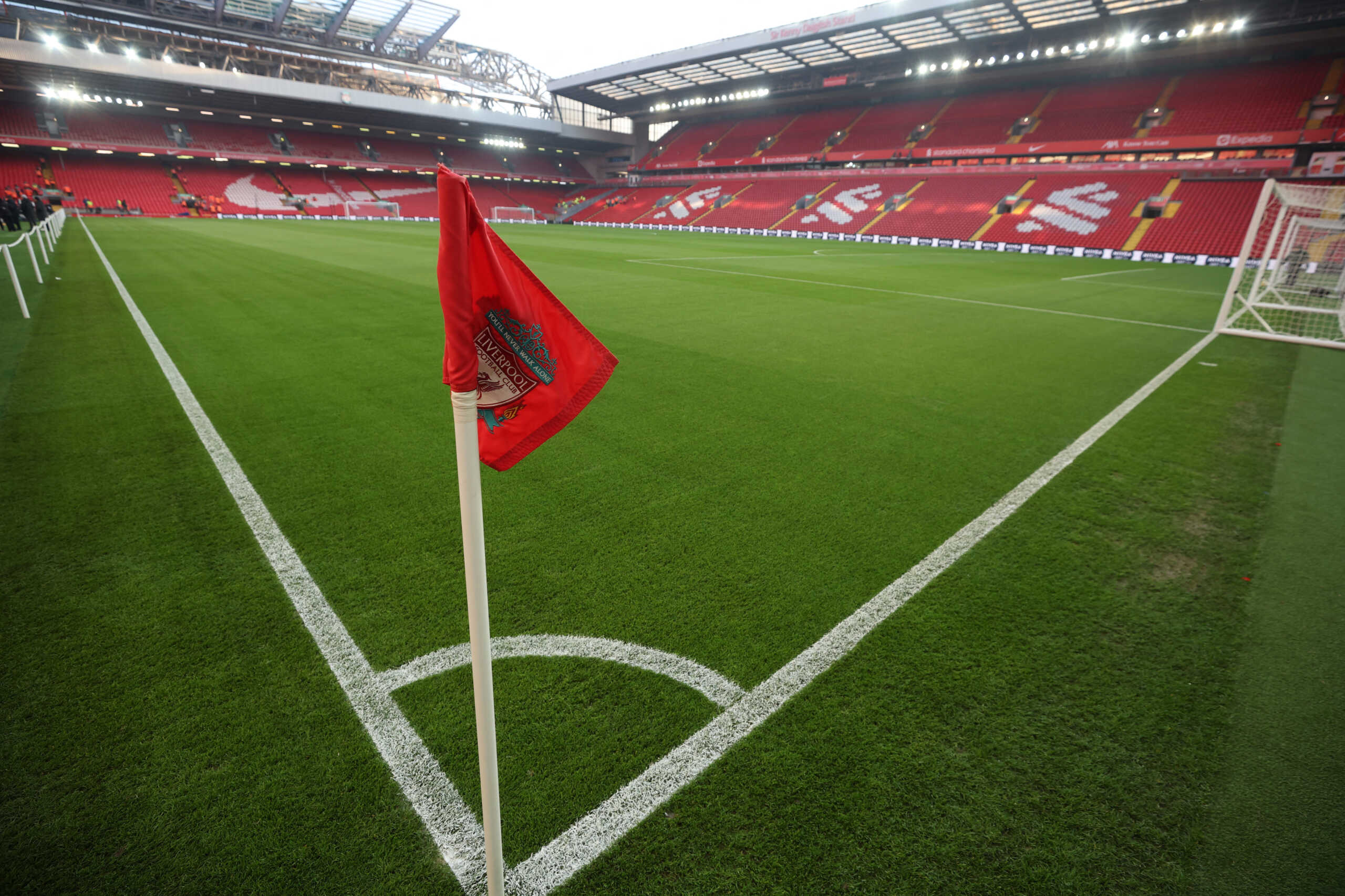 Soccer Football - Premier League - Liverpool v Chelsea - Anfield, Liverpool, Britain - January 21, 2023 General view of a corner flag inside the stadium before the match REUTERS