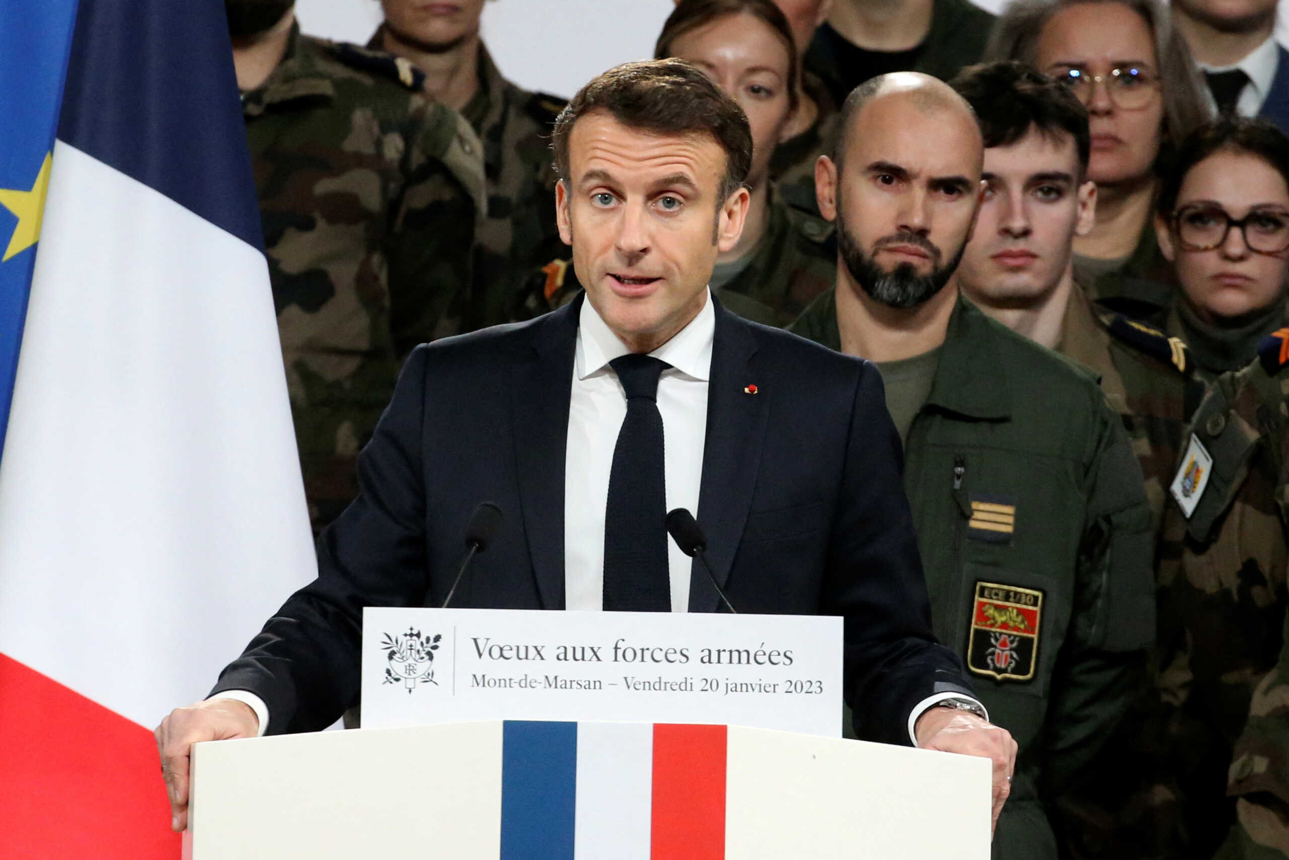 French President Emmanuel Macron delivers his New Year address to the French Army, at the Mont-de-Marsan air base, France January 20, 2023. Bob Edme
