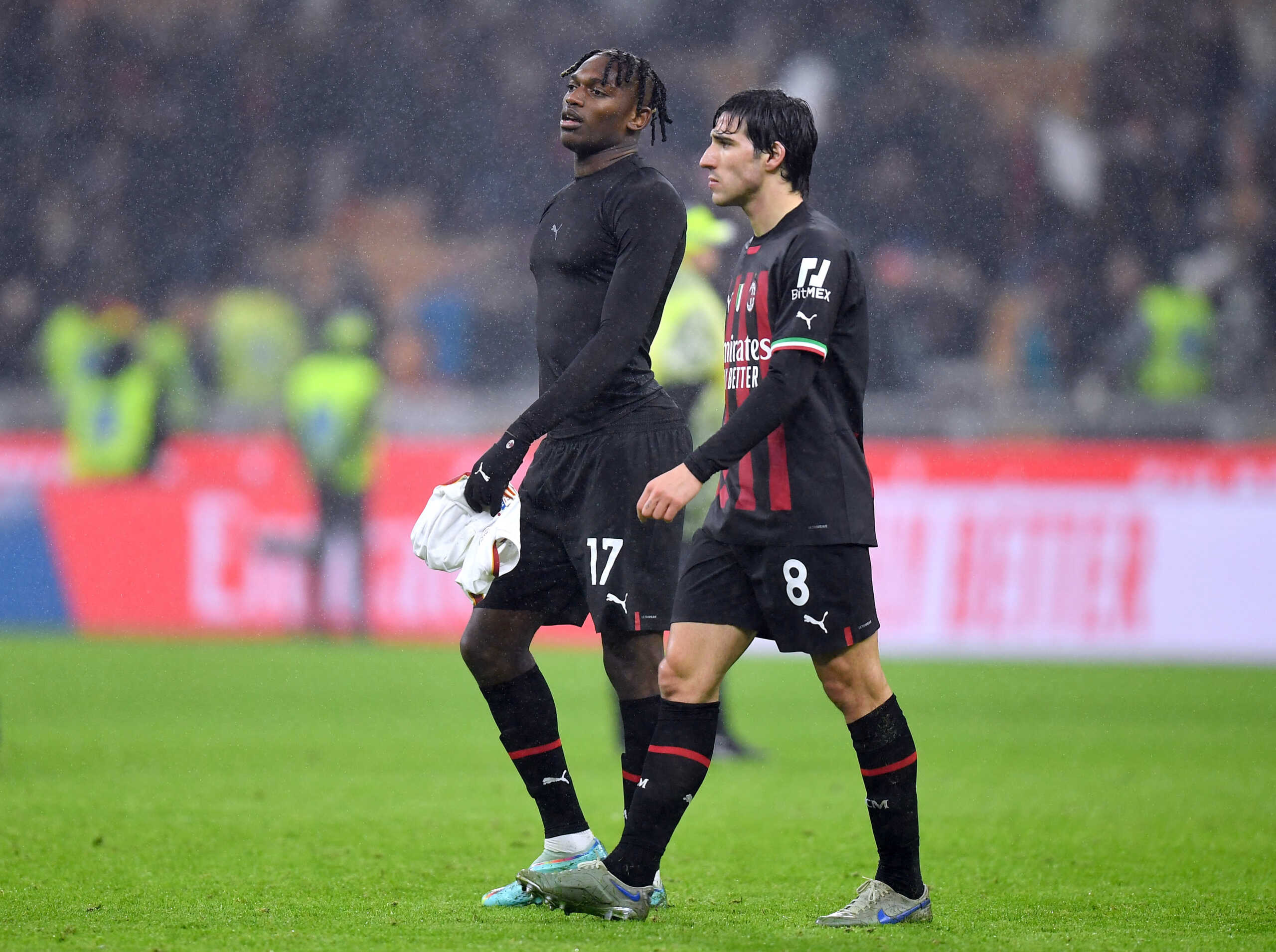 Soccer Football - Serie A - AC Milan v AS Roma - San Siro, Milan, Italy - January 8, 2023 AC Milan's Rafael Leao and Sandro Tonali after the match REUTERS