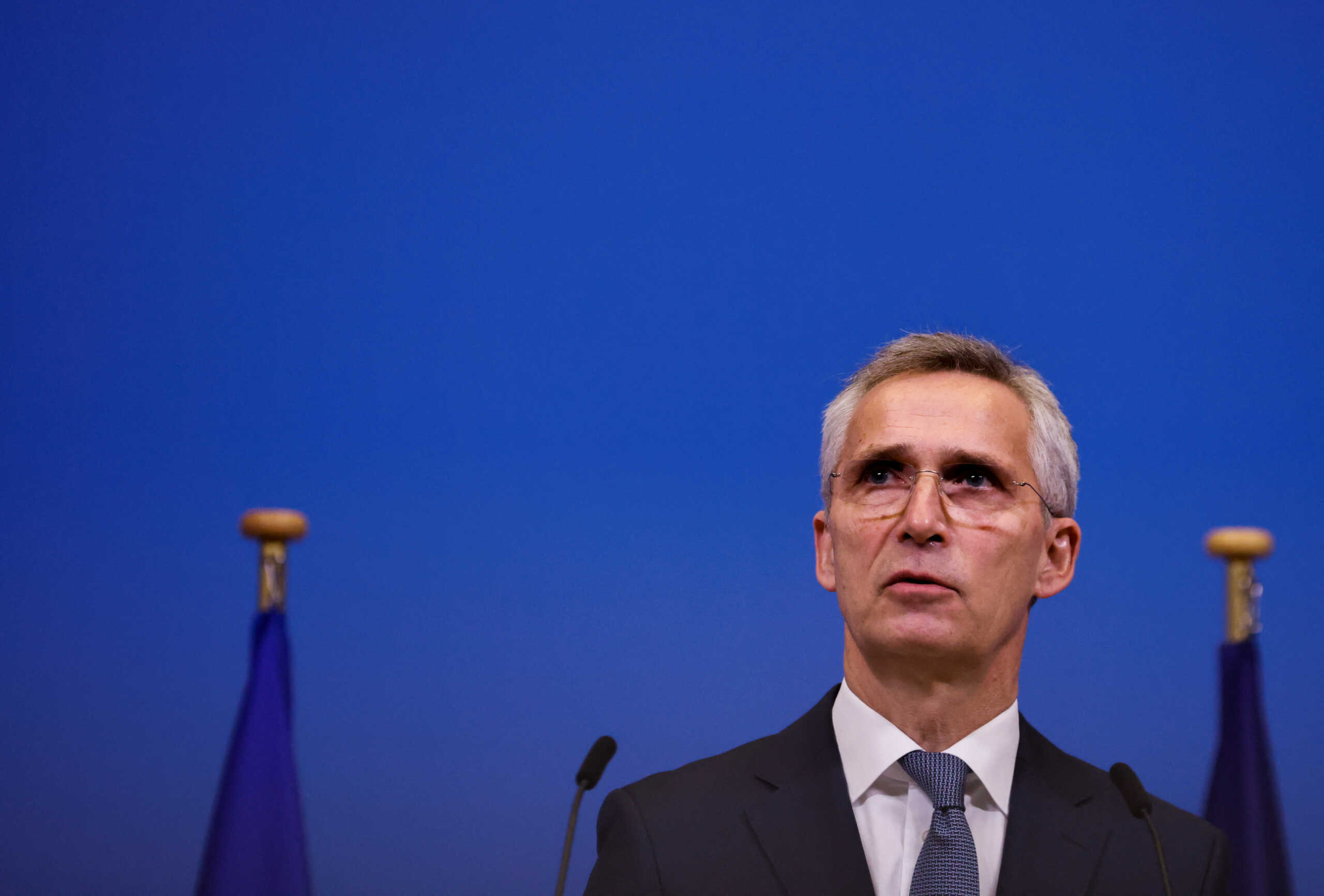 NATO Secretary General Jens Stoltenberg speaks during a joint news conference with European Council President Charles Michel and European Commission President Ursula von der Leyen at NATO headquarters in Brussels, Belgium, January 10, 2023. REUTERS