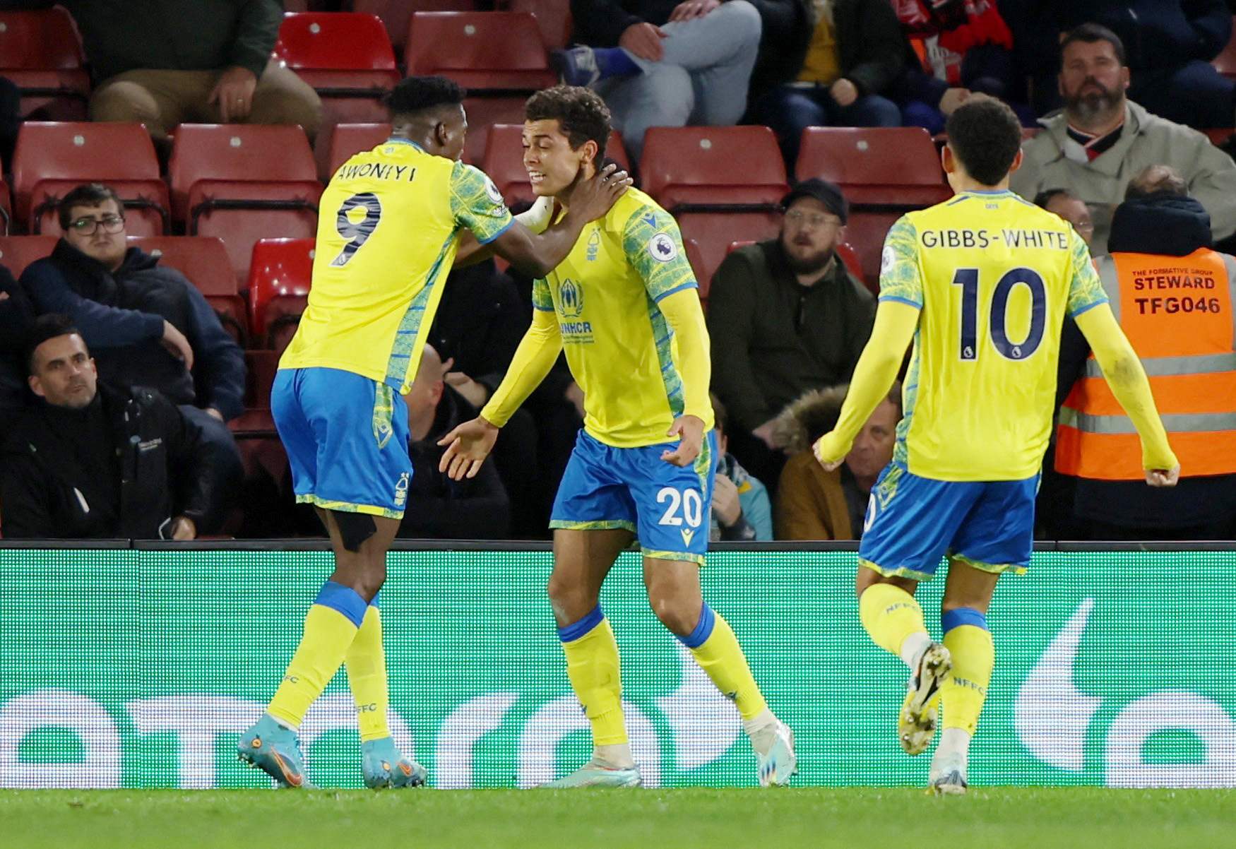 Soccer Football - Premier League - Southampton v Nottingham Forest - St Mary's Stadium, Southampton, Britain - January 4, 2023 Nottingham Forest's Taiwo Awoniyi celebrates scoring their first goal with Brennan Johnson REUTERS