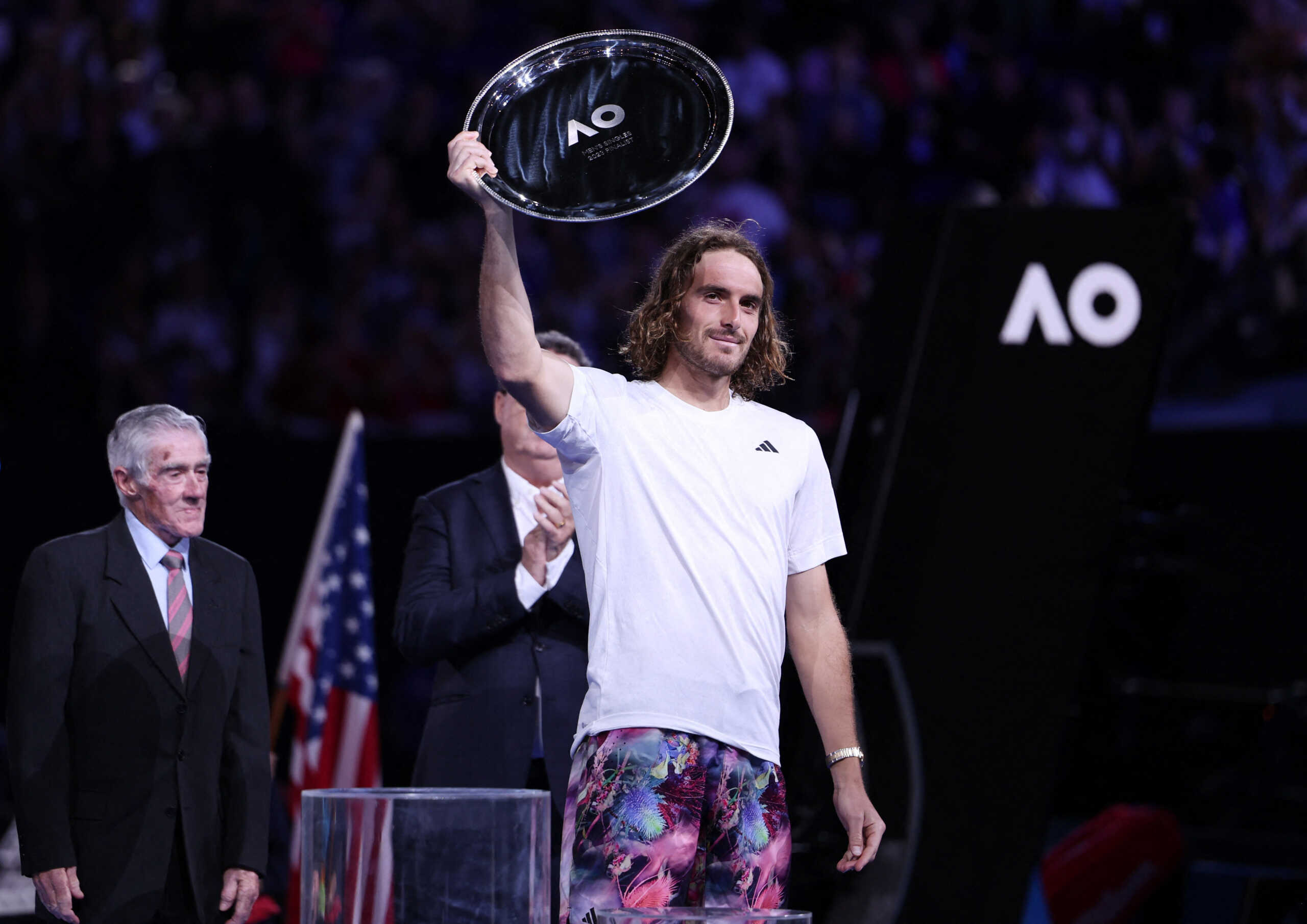 Tennis - Australian Open - Men's Singles Final - Melbourne Park, Melbourne, Australia - January 29, 2023 Greece's Stefanos Tsitsipas with the runners-up trophy after losing his final match against Serbia's Novak Djokovic REUTERS