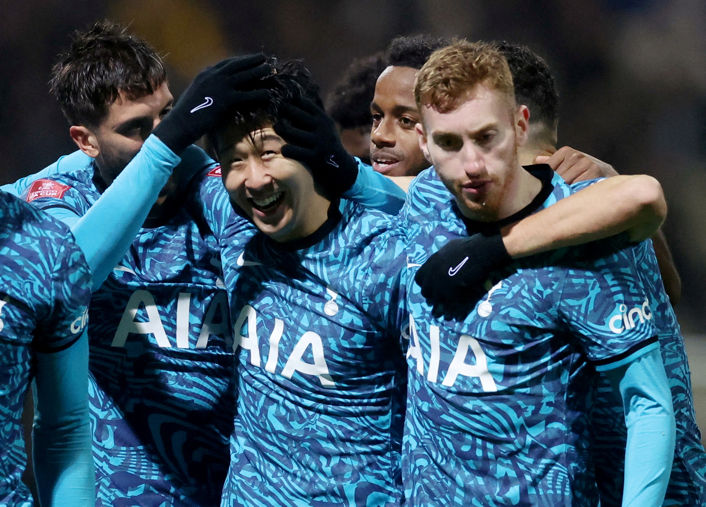 Soccer Football - FA Cup - Fourth Round - Preston North End v Tottenham Hotspur - Deepdale, Preston, Britain - January 28, 2023 Tottenham Hotspur's Son Heung-min celebrates scoring their first goal with Rodrigo Bentancur, Ryan Sessegnon and Dejan Kulusevski Action Images via Reuters