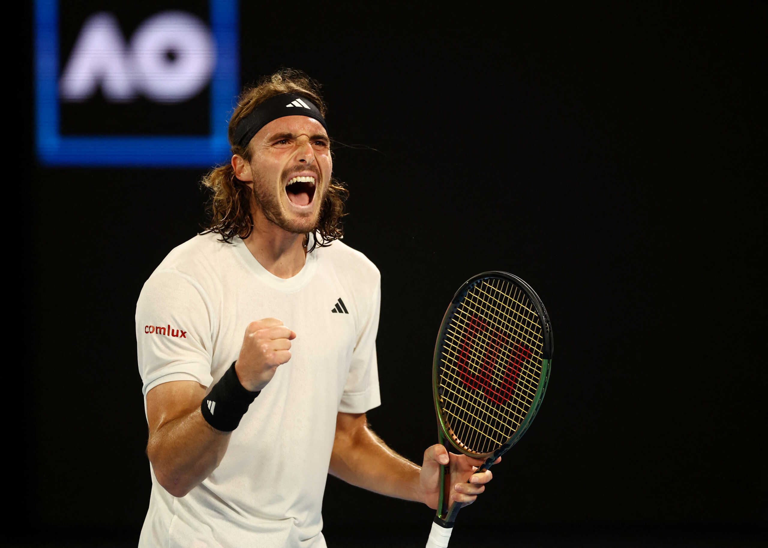 Tennis - Australian Open - Melbourne Park, Melbourne, Australia - January 24, 2023 Greece’s Stefanos Tsitsipas celebrates winning the second set of his quarter final match against Czech Republic’s Jiri Lehecka REUTERS